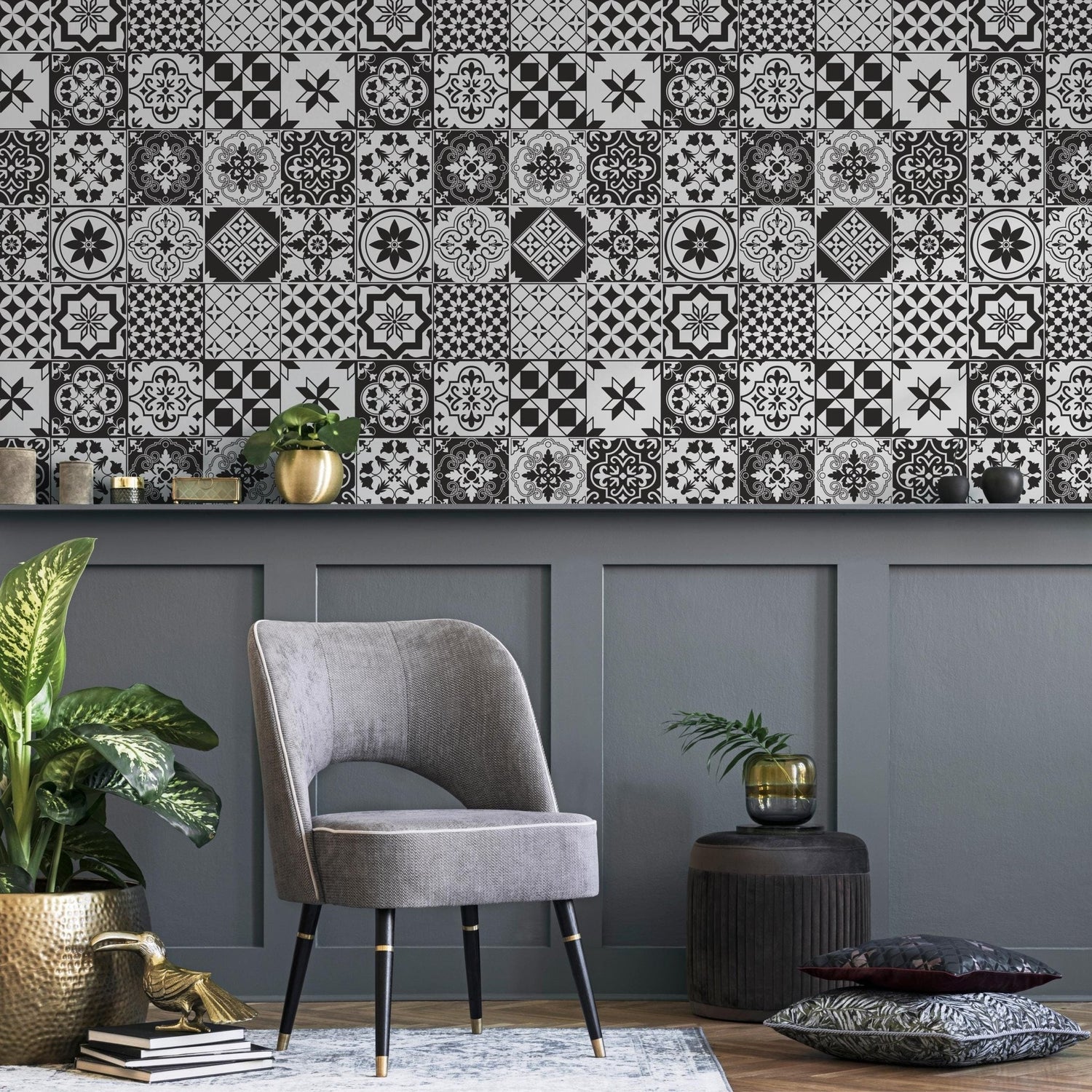 Wallpaper Peel and Stick Wallpaper Removable Wallpaper Home Decor Wall Art Wall Decor Room Decor / Black and White Tile Wallpaper - B727 - WallTrend