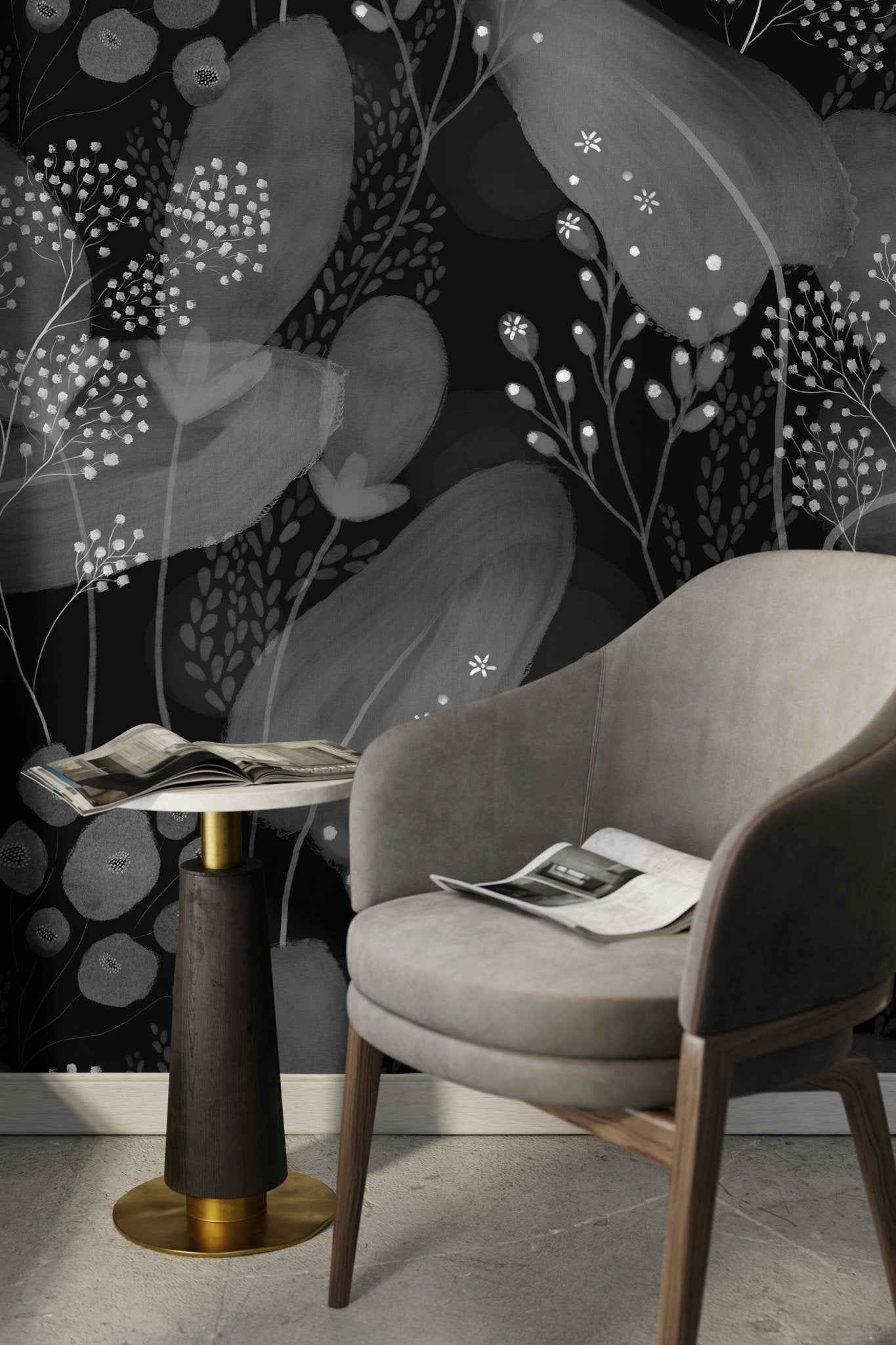 Wallpaper Peel and Stick Wallpaper Removable Wallpaper Home Decor Wall Art Wall Decor Room Decor / Black Floral and Leaf Wallpaper - X166 - WallTrend