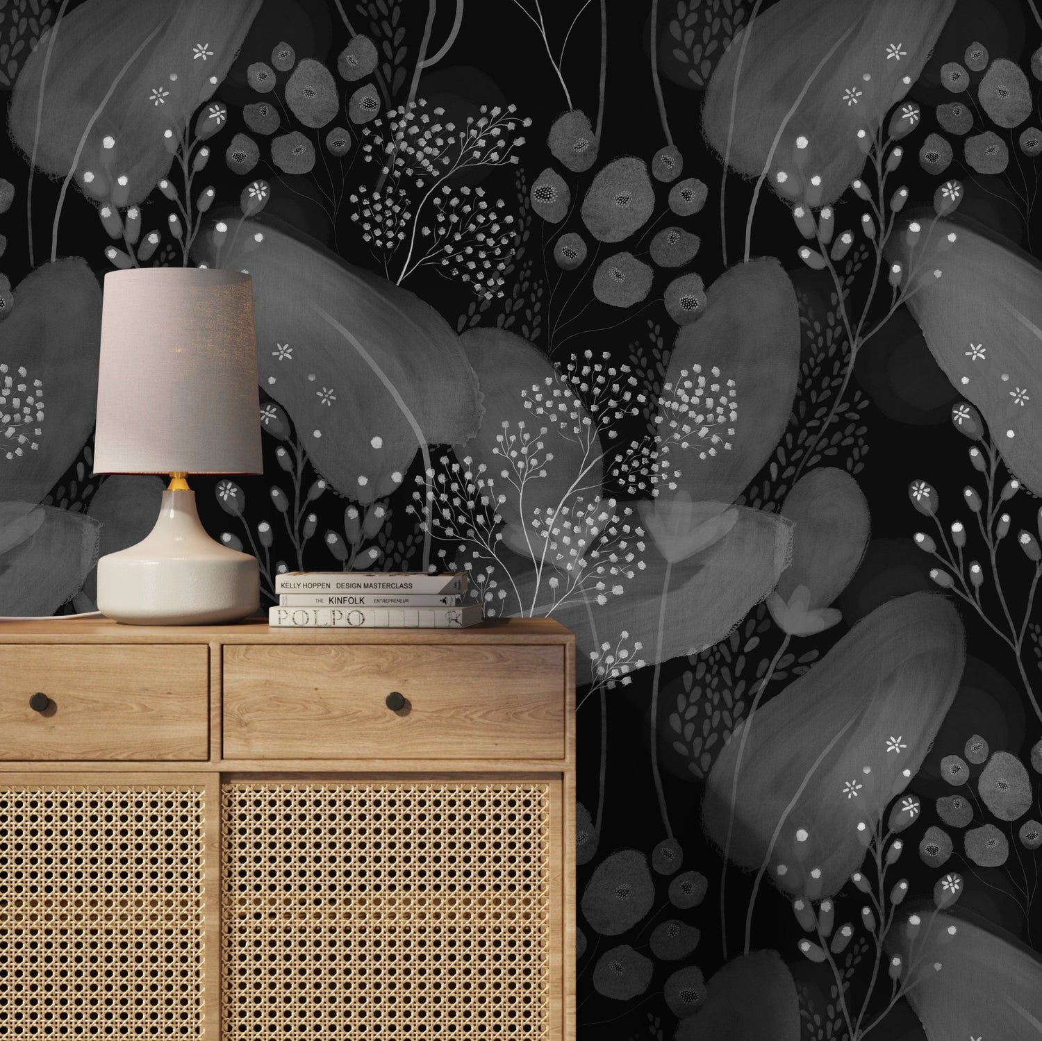 Wallpaper Peel and Stick Wallpaper Removable Wallpaper Home Decor Wall Art Wall Decor Room Decor / Black Floral and Leaf Wallpaper - X166 - WallTrend