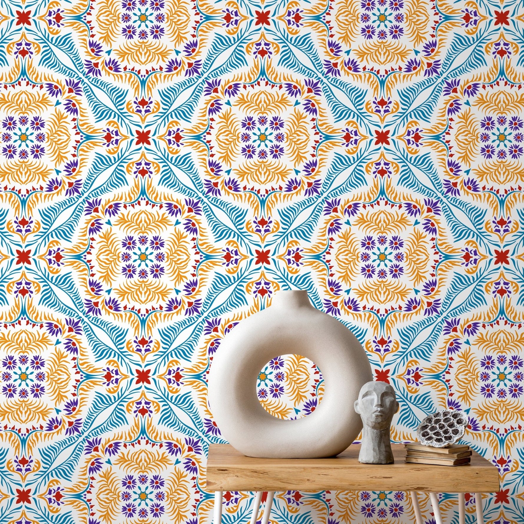 Wallpaper Peel and Stick Wallpaper Removable Wallpaper Home Decor Wall Art Wall Decor Room Decor / Blue and Orange Vintage Wallpaper - C385 - WallTrend