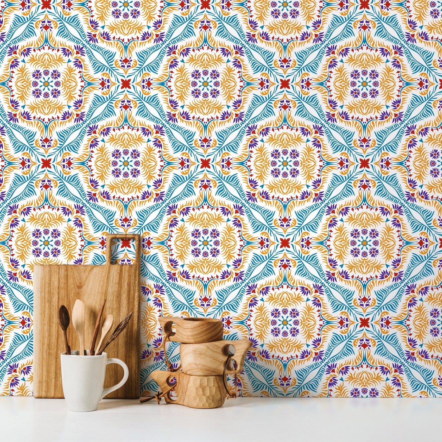 Wallpaper Peel and Stick Wallpaper Removable Wallpaper Home Decor Wall Art Wall Decor Room Decor / Blue and Orange Vintage Wallpaper - C385 - WallTrend