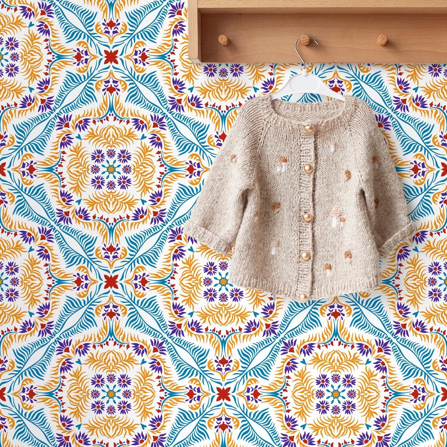 Wallpaper Peel and Stick Wallpaper Removable Wallpaper Home Decor Wall Art Wall Decor Room Decor / Blue and Orange Vintage Wallpaper - C385 - WallTrend
