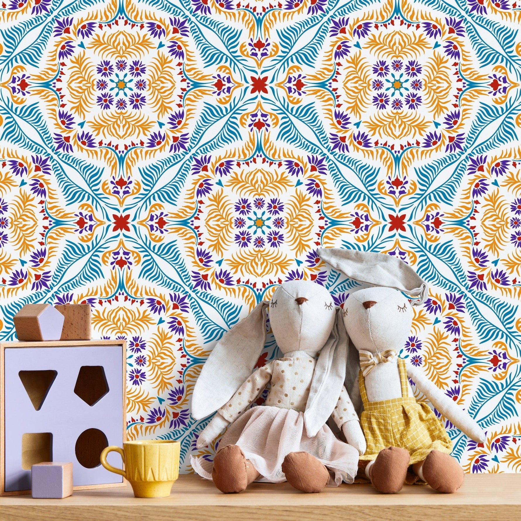 Wallpaper Peel and Stick Wallpaper Removable Wallpaper Home Decor Wall Art Wall Decor Room Decor / Blue and Orange Vintage Wallpaper - C385 - WallTrend