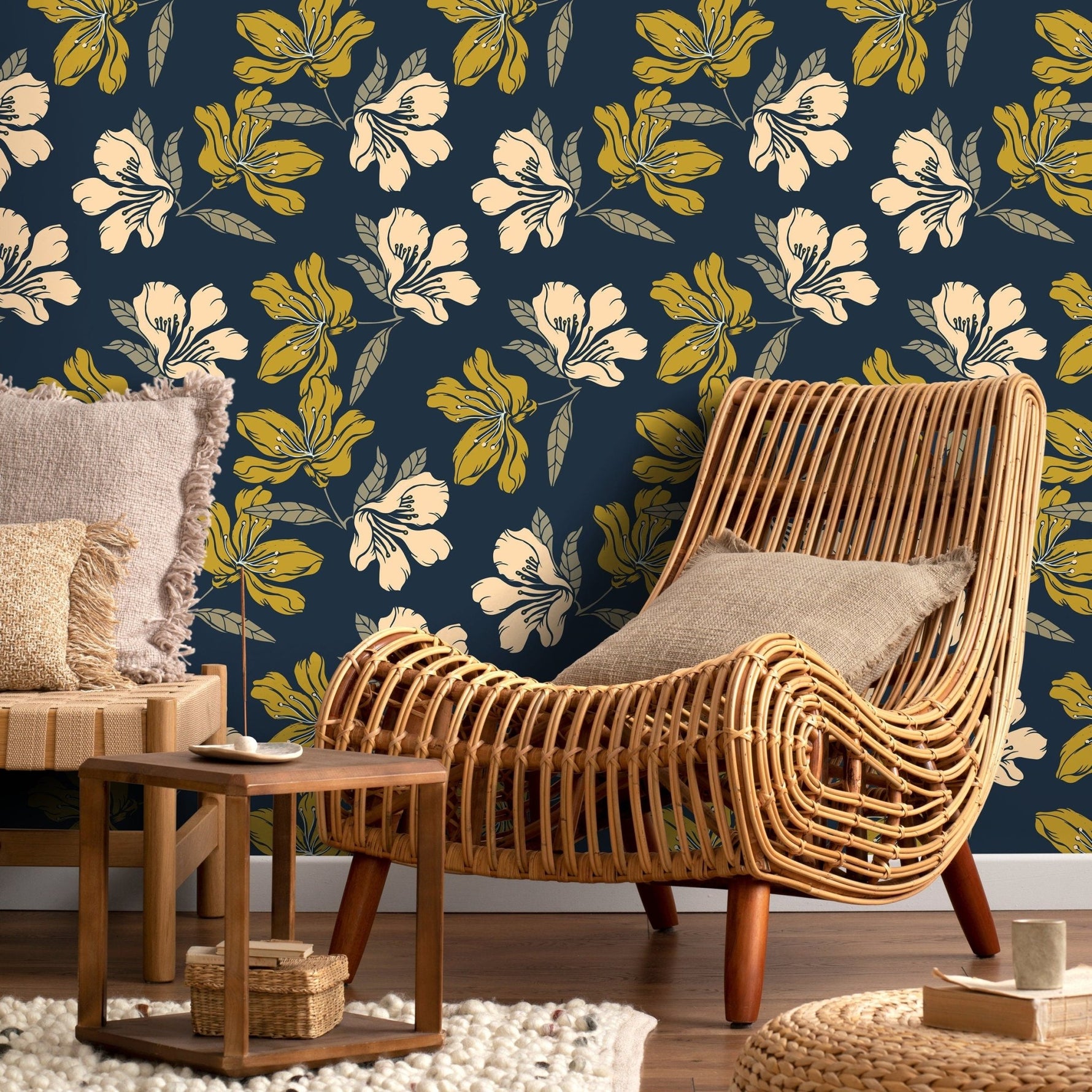 Wallpaper Peel and Stick Wallpaper Removable Wallpaper Home Decor Wall Art Wall Decor Room Decor / Blue Boho Floral Wallpaper - A783 - WallTrend