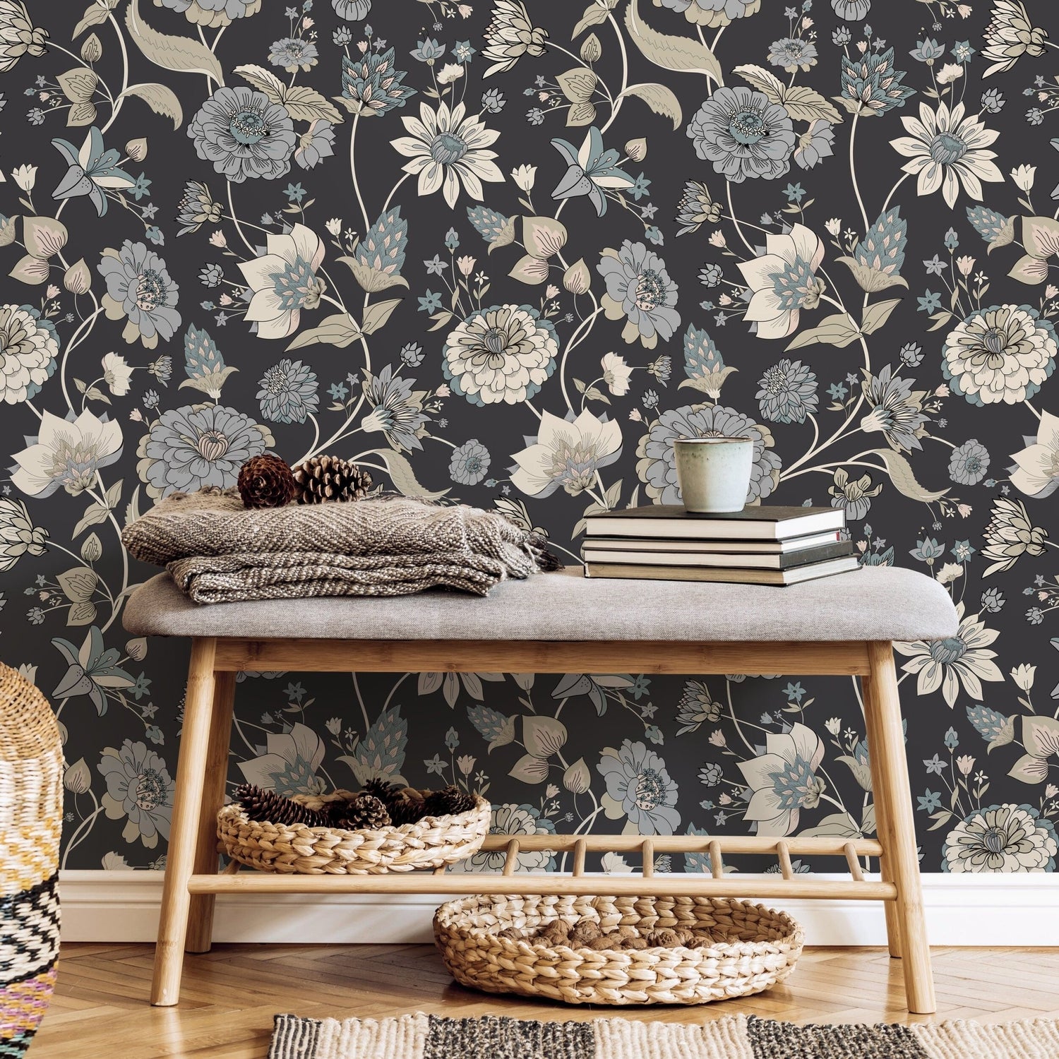 Wallpaper Peel and Stick Wallpaper Removable Wallpaper Home Decor Wall Art Wall Decor Room Decor / Blue Vintage Floral Wallpaper - C329 - WallTrend
