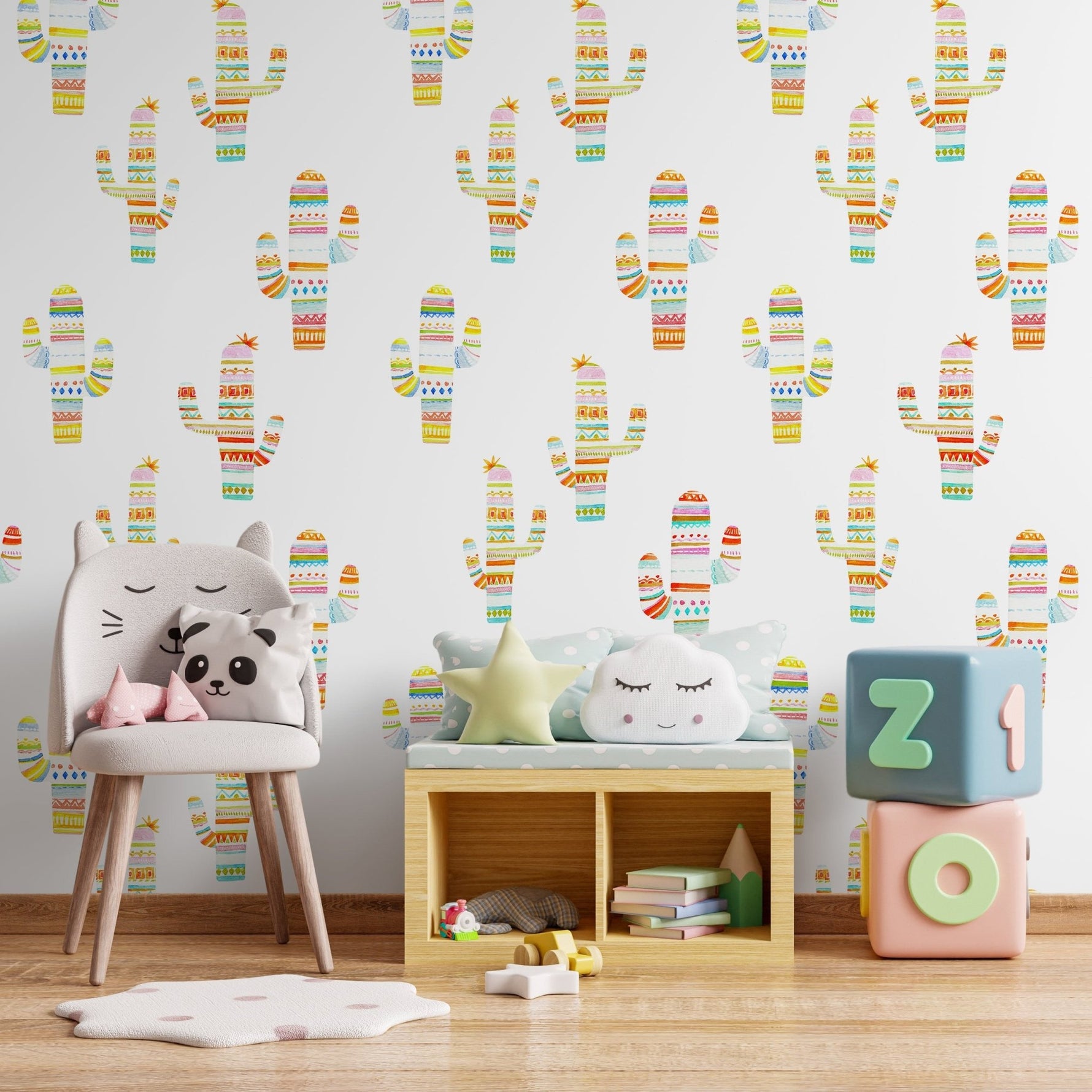 Wallpaper Peel and Stick Wallpaper Removable Wallpaper Home Decor Wall Art Wall Decor Room Decor / Cute Kids Cactus Boho Wallpaper - A689 - WallTrend