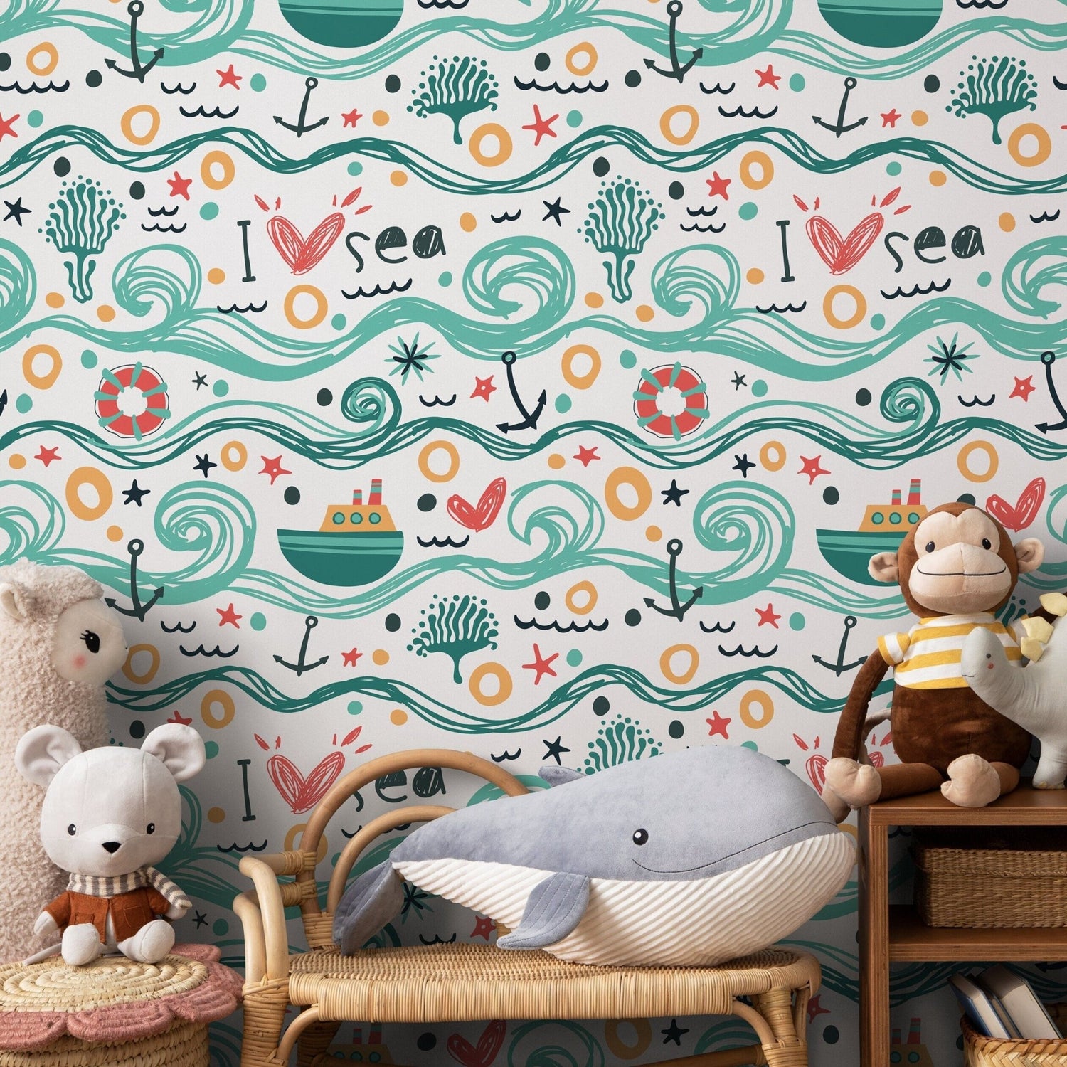 Wallpaper Peel and Stick Wallpaper Removable Wallpaper Home Decor Wall Art Wall Decor Room Decor / Cute Ocean Kids Wallpaper - A084 - WallTrend