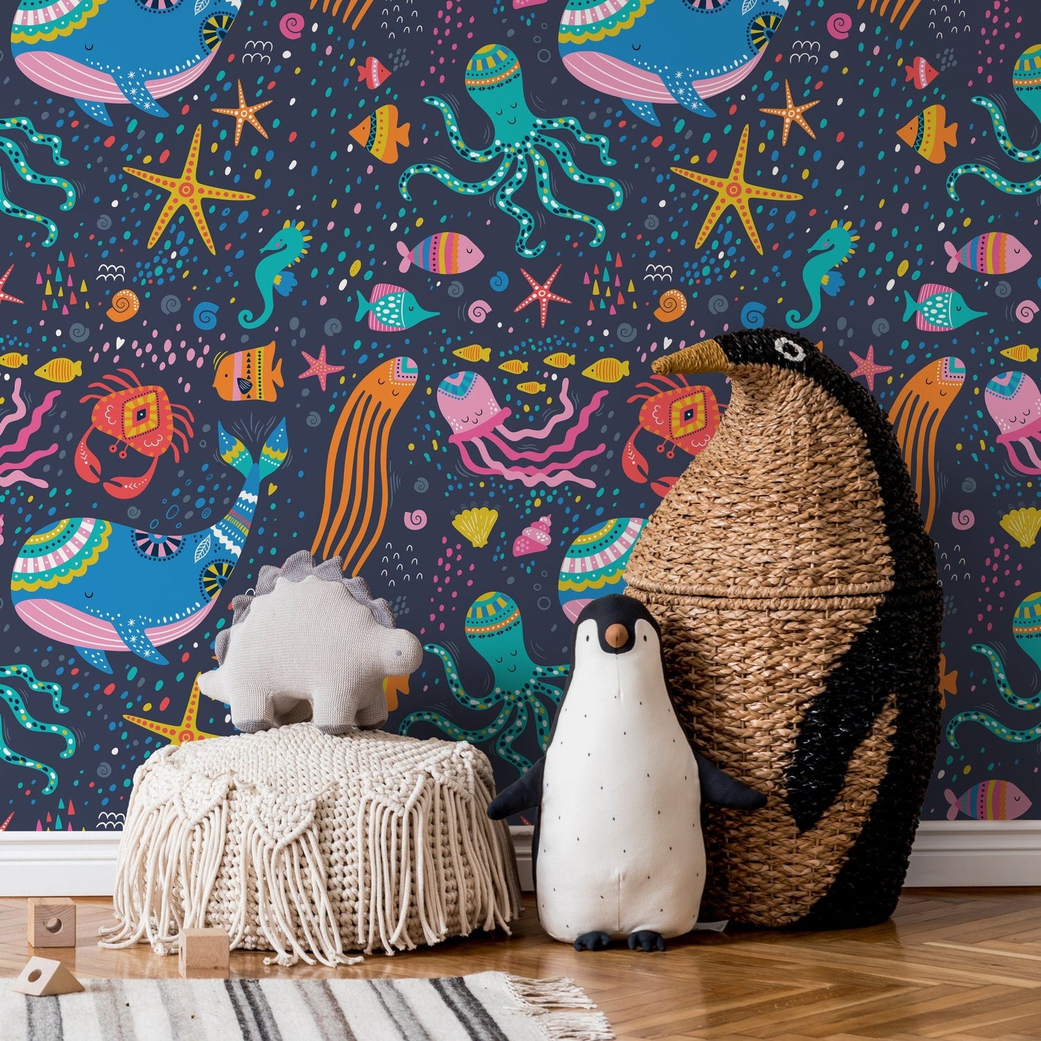 Wallpaper Peel and Stick Wallpaper Removable Wallpaper Home Decor Wall Art Wall Decor Room Decor / Cute Sea Animals Kids Wallpaper - B752 - WallTrend