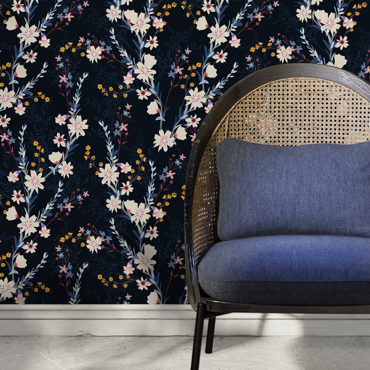 Wallpaper Peel and Stick Wallpaper Removable Wallpaper Home Decor Wall Art Wall Decor Room Decor / Dark Floral Blue Wallpaper - D965 - WallTrend