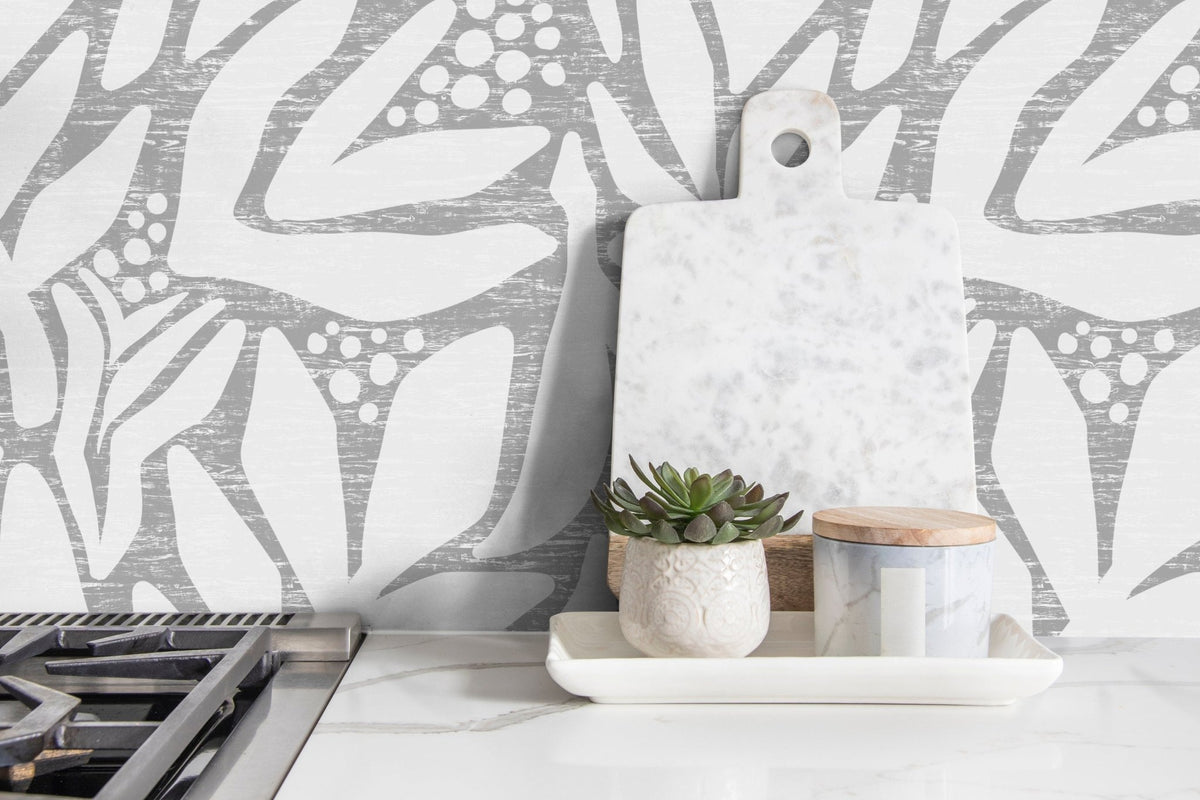 Wallpaper Peel and Stick Wallpaper Removable Wallpaper Home Decor Wall Art Wall Decor Room Decor / Gray Abstract Leaf Wallpaper - X181 - WallTrend