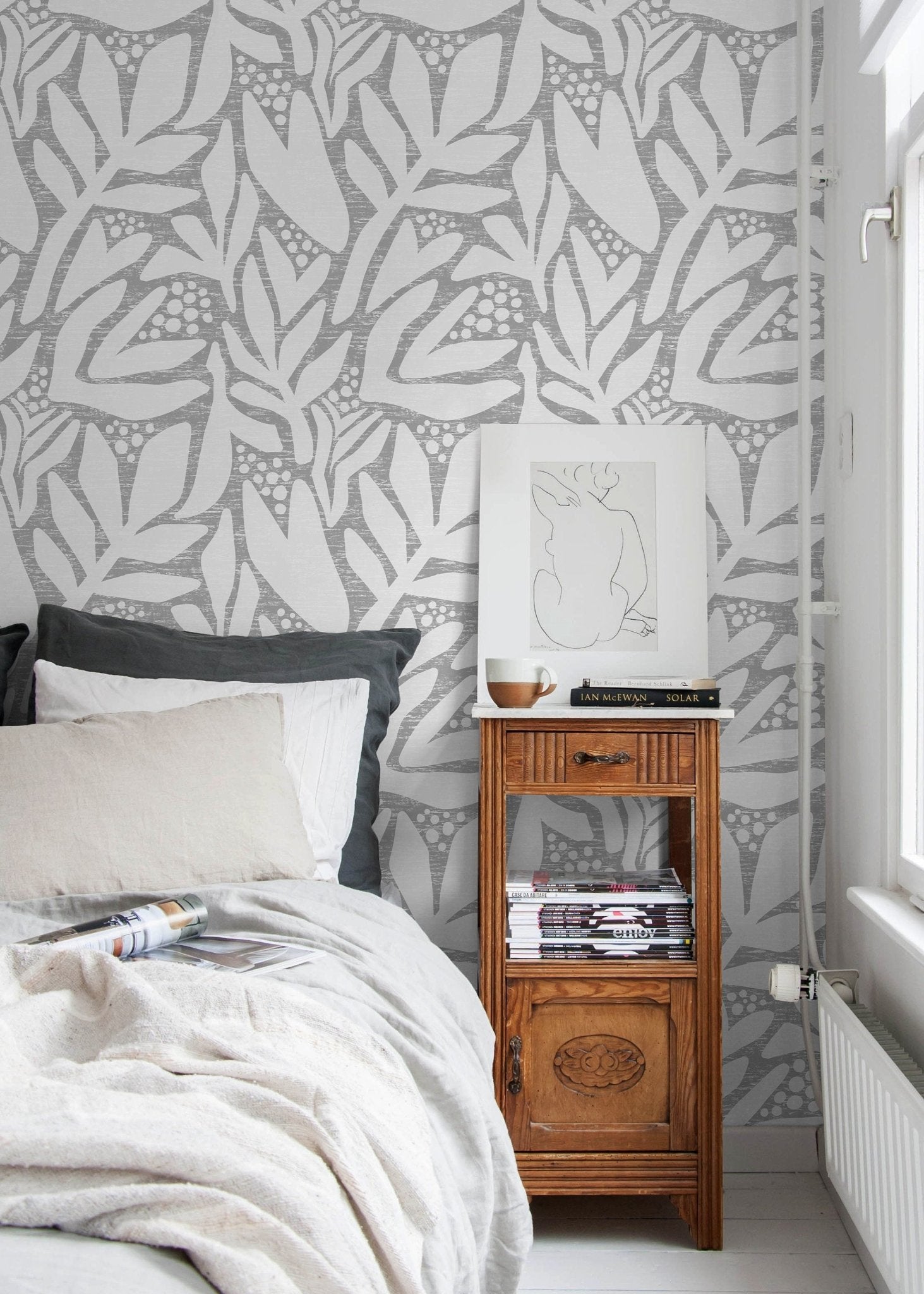 Wallpaper Peel and Stick Wallpaper Removable Wallpaper Home Decor Wall Art Wall Decor Room Decor / Gray Abstract Leaf Wallpaper - X181 - WallTrend