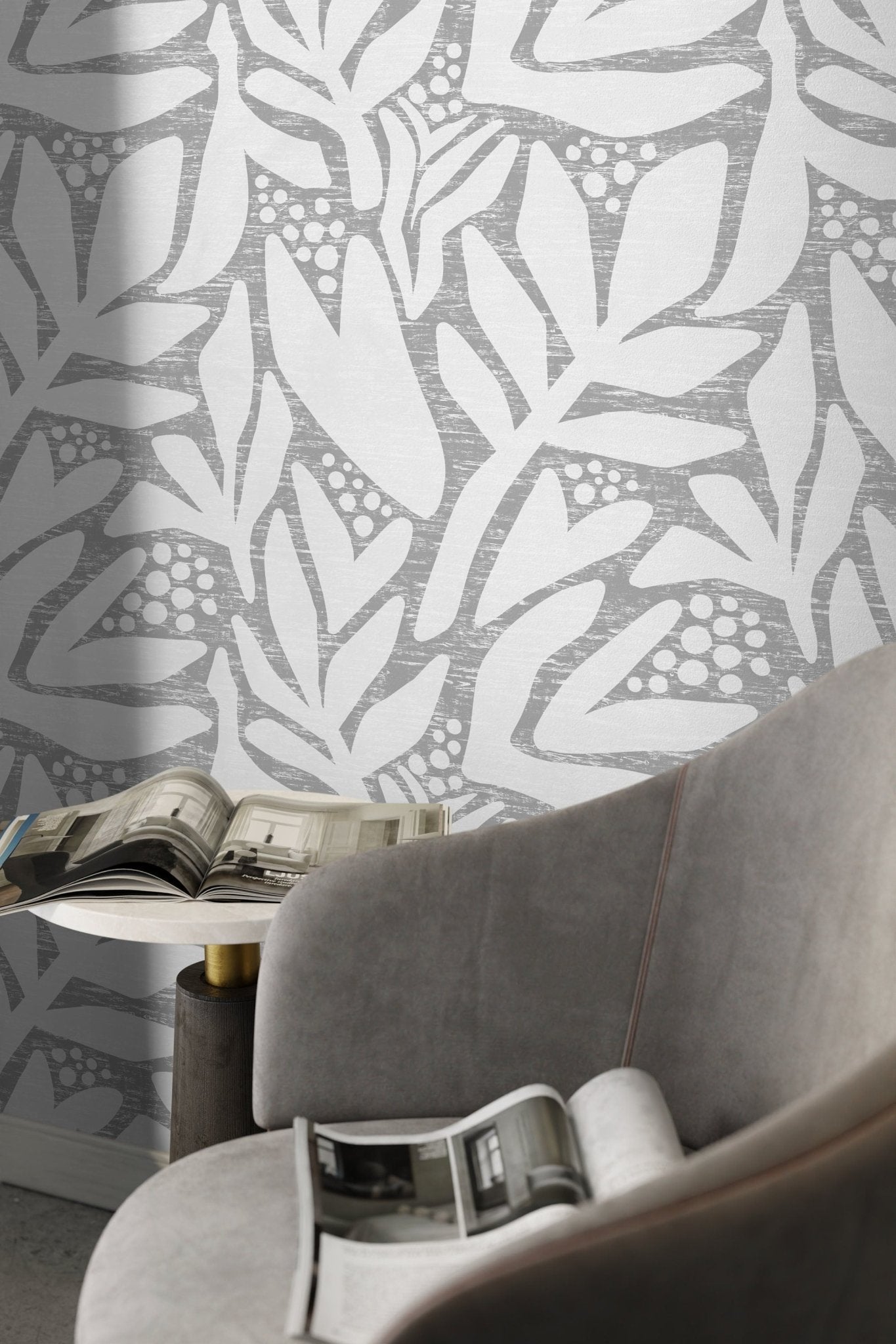 Wallpaper Peel and Stick Wallpaper Removable Wallpaper Home Decor Wall Art Wall Decor Room Decor / Gray Abstract Leaf Wallpaper - X181 - WallTrend