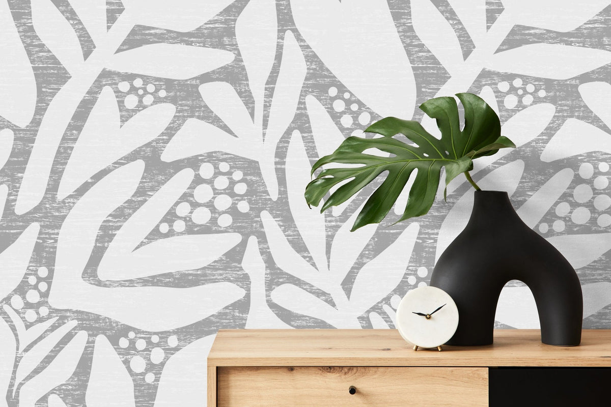 Wallpaper Peel and Stick Wallpaper Removable Wallpaper Home Decor Wall Art Wall Decor Room Decor / Gray Abstract Leaf Wallpaper - X181 - WallTrend