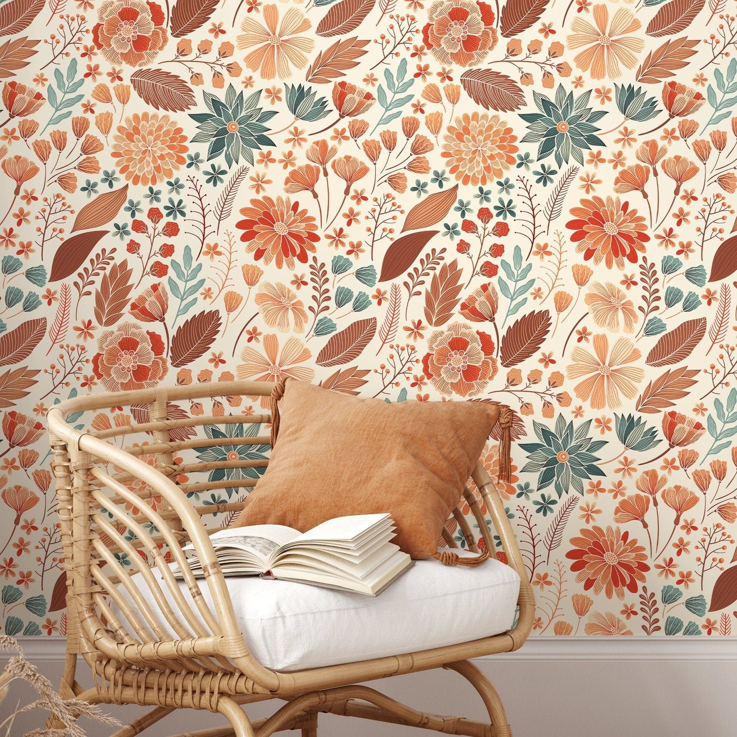 Wallpaper Peel and Stick Wallpaper Removable Wallpaper Home Decor Wall Art Wall Decor Room Decor / Orange Floral Drawing Wallpaper - C310 - WallTrend