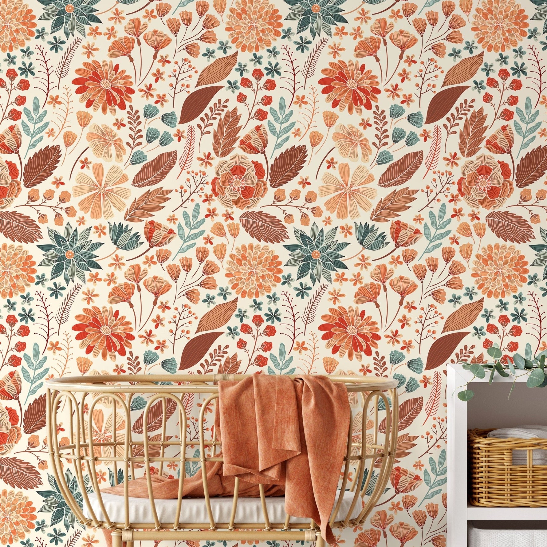 Wallpaper Peel and Stick Wallpaper Removable Wallpaper Home Decor Wall Art Wall Decor Room Decor / Orange Floral Drawing Wallpaper - C310 - WallTrend