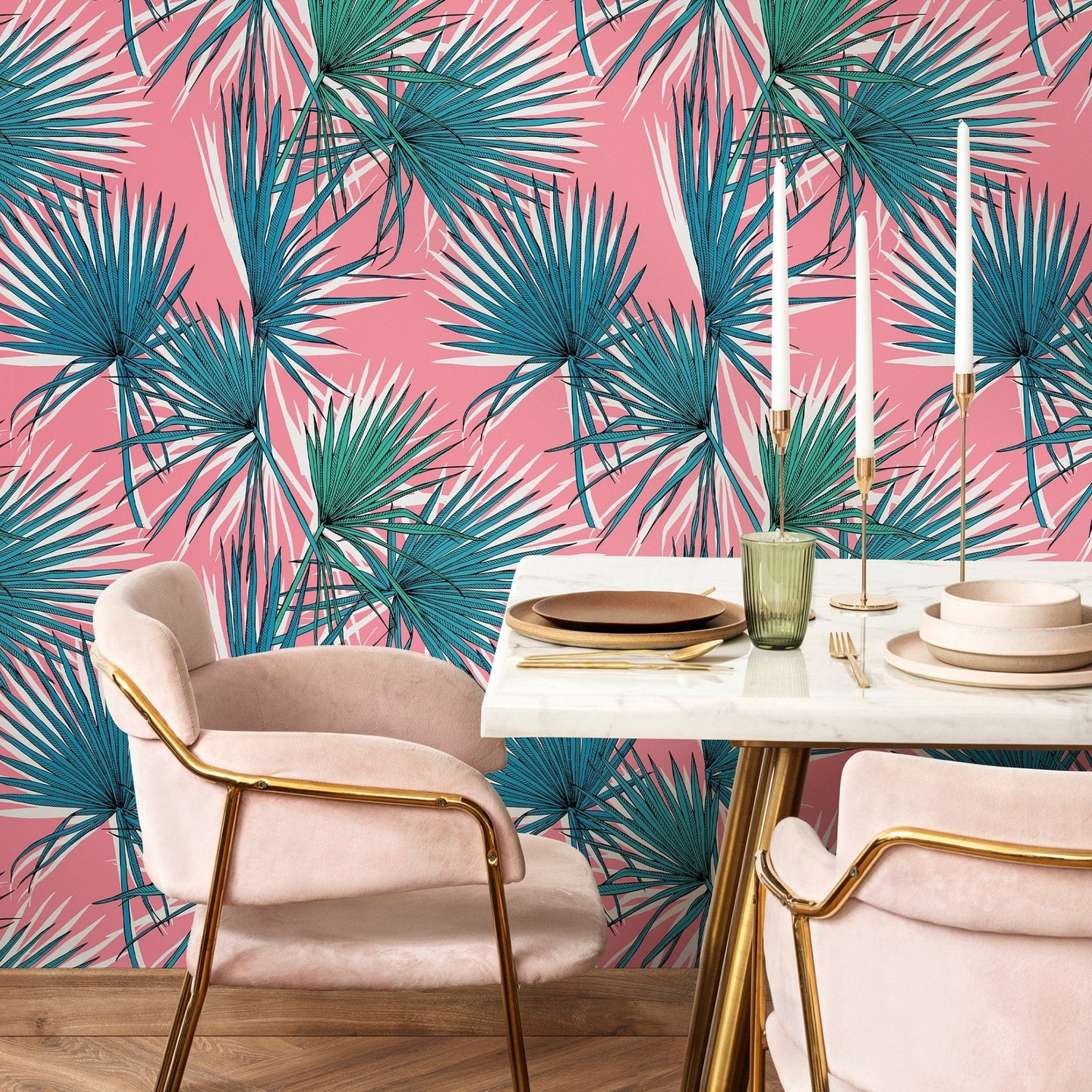 Wallpaper Peel and Stick Wallpaper Removable Wallpaper Home Decor Wall Art Wall Decor Room Decor / Pink Tropical Leaves Wallpaper - B251 - WallTrend