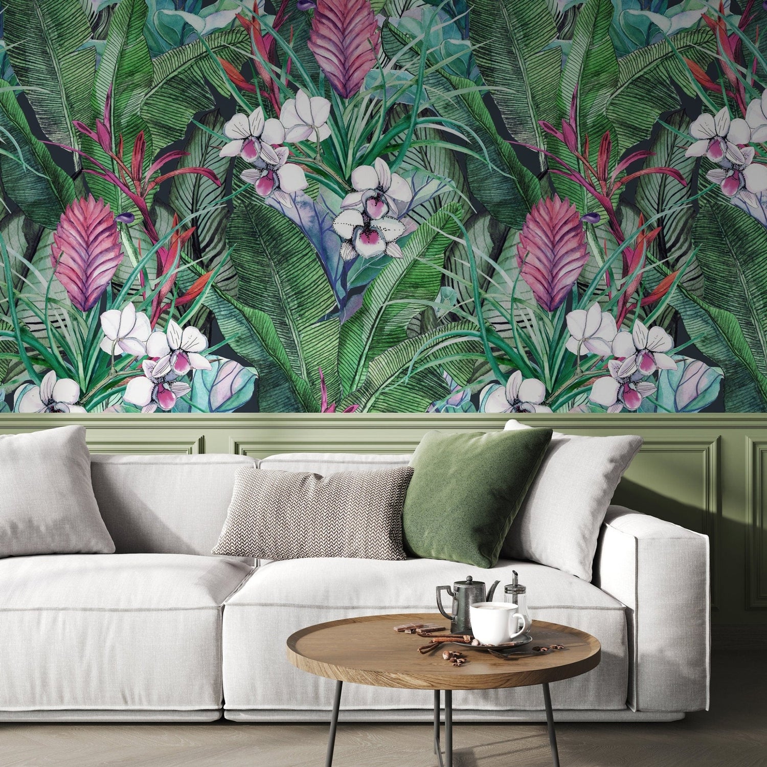 Wallpaper Peel and Stick Wallpaper Removable Wallpaper Home Decor Wall Art Wall Decor Room Decor/ Tropical Floral and Leaves Wallpaper - A673 - WallTrend