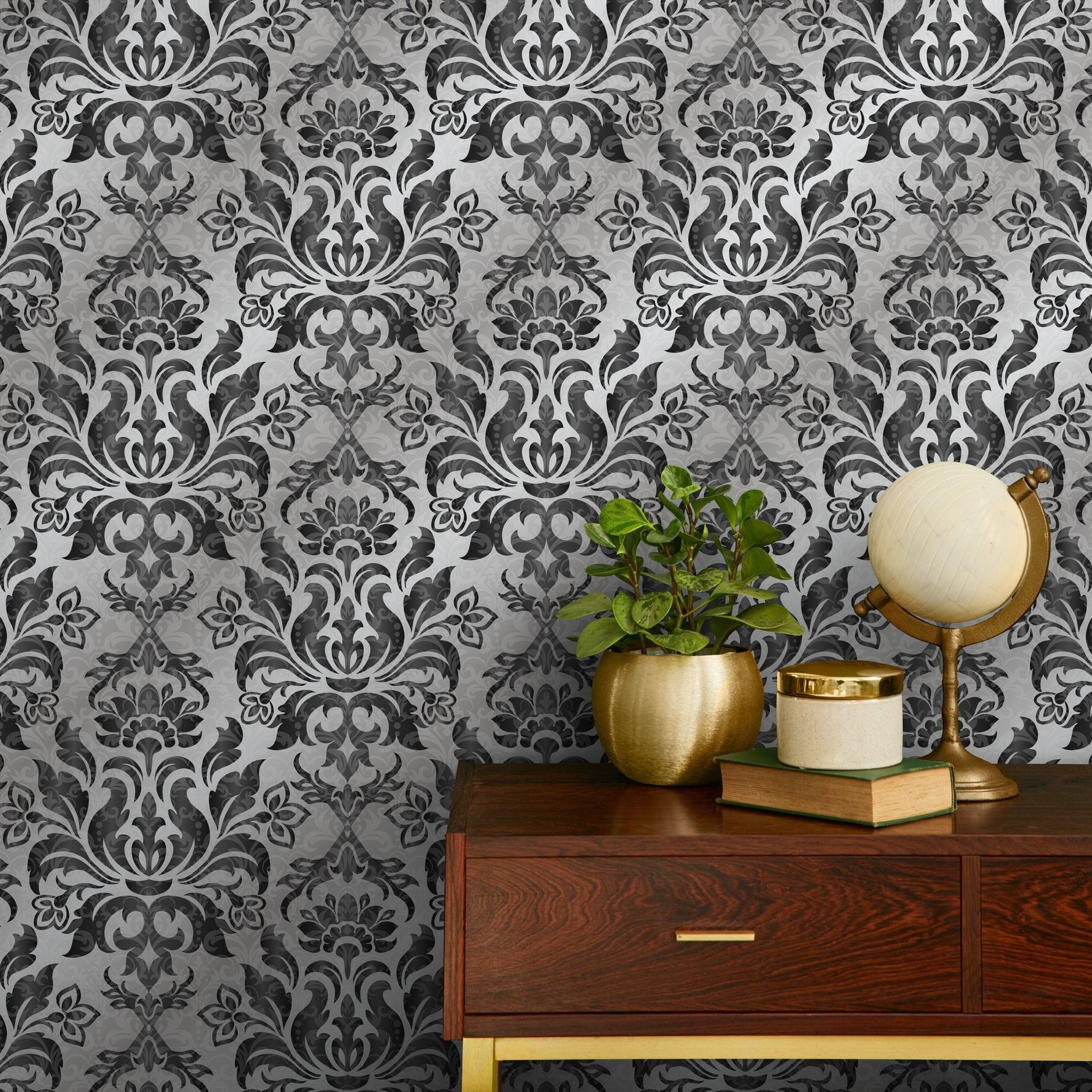 Wallpaper Peel and Stick Wallpaper Removable Wallpaper Home Decor Wall Art Wall Decor Room Decor / Vintage Black Damask Wallpaper - B734 - WallTrend