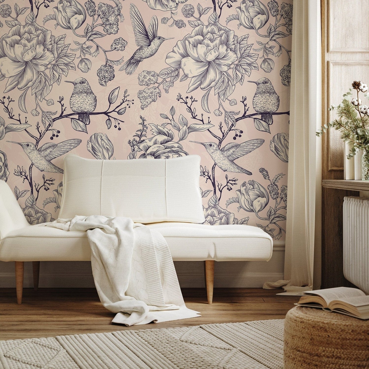 Wallpaper Peel and Stick Wallpaper Removable Wallpaper Home Decor Wall Art Wall Decor Room Decor / Vintage Floral Bird Wallpaper - A626 - WallTrend