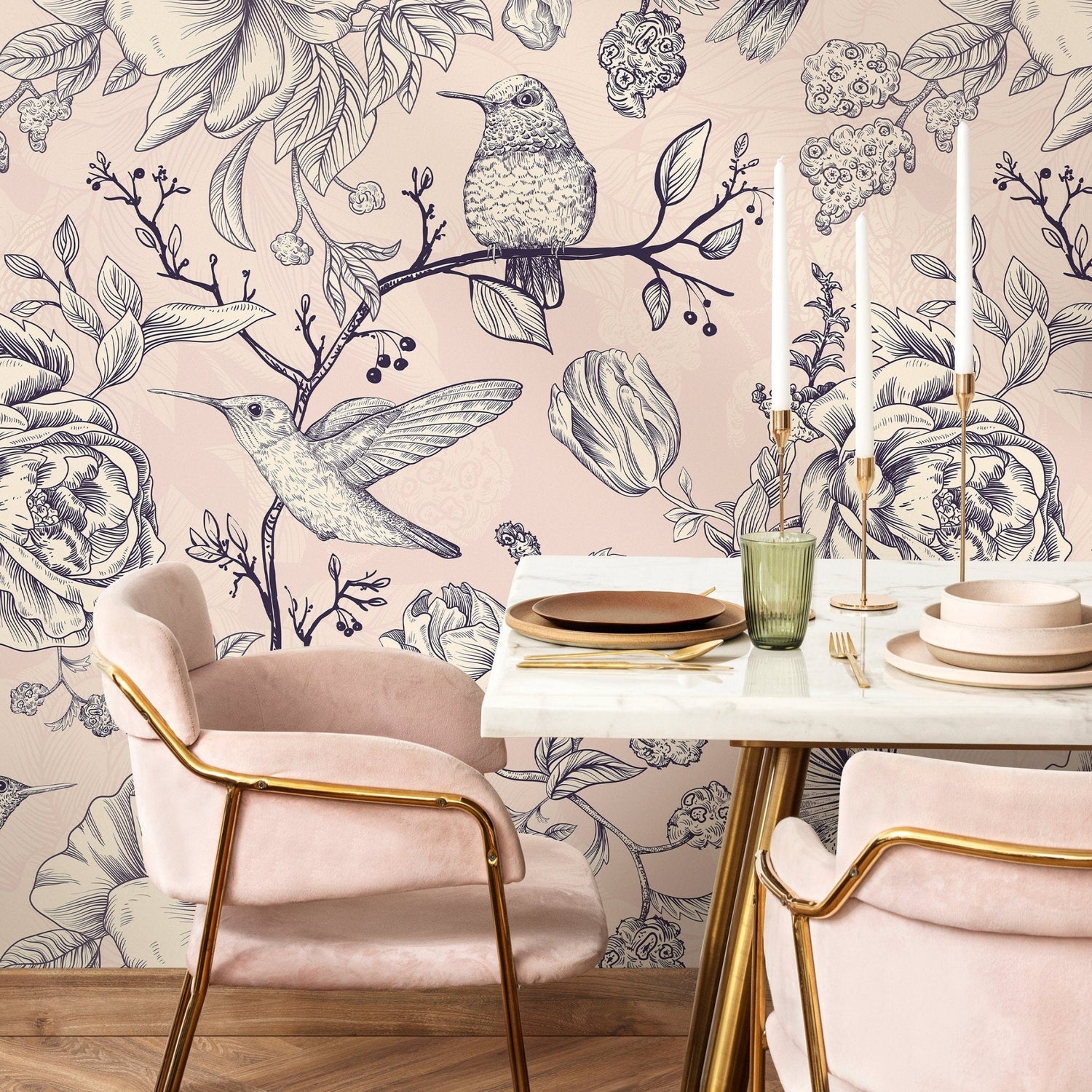 Wallpaper Peel and Stick Wallpaper Removable Wallpaper Home Decor Wall Art Wall Decor Room Decor / Vintage Floral Bird Wallpaper - A626 - WallTrend