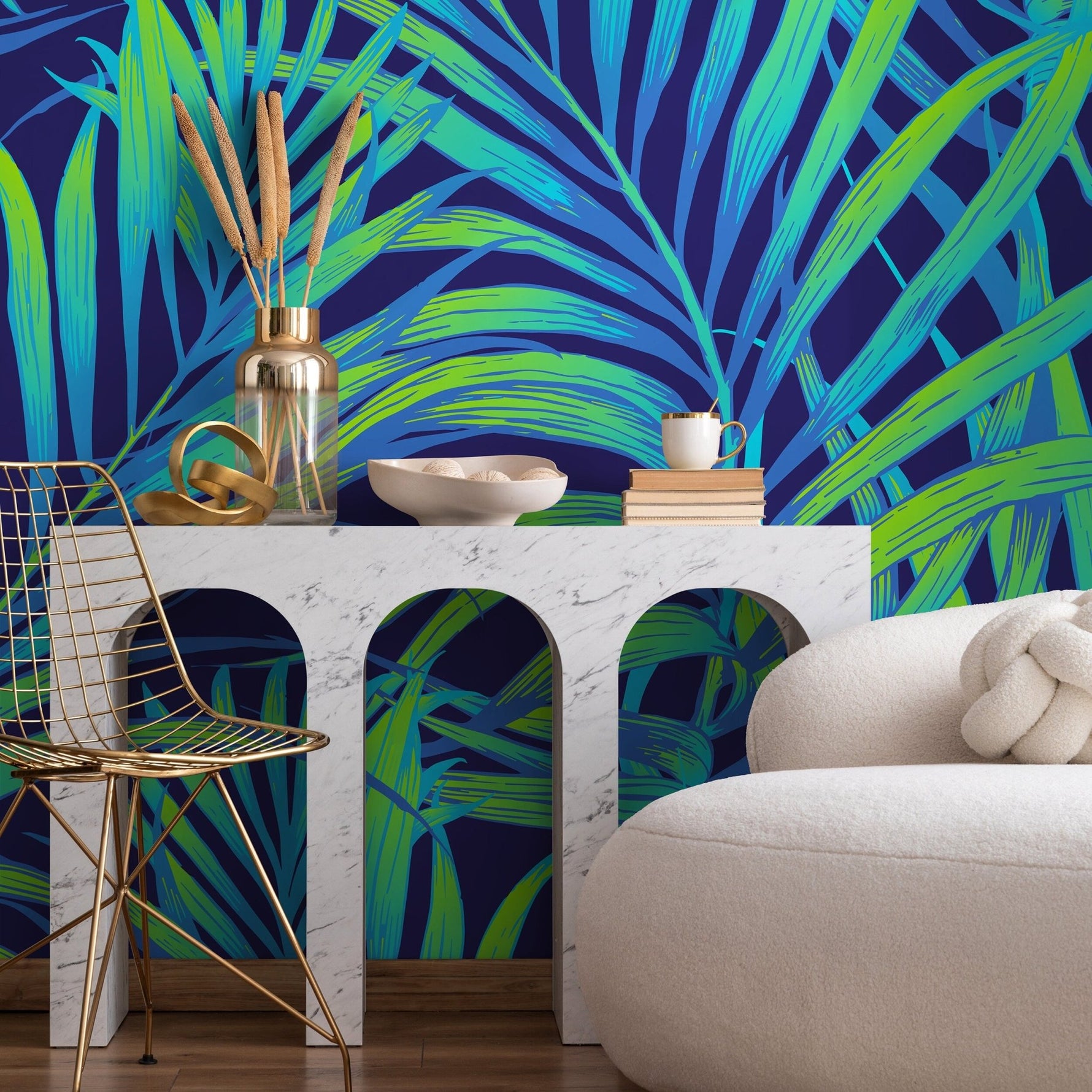 Wallpaper Peel and Stick Wallpaper Removable Wallpaper Home Decor Wall Decor Room Decor / Cool Neon Tropical Leaves Wallpaper - B378 - WallTrend