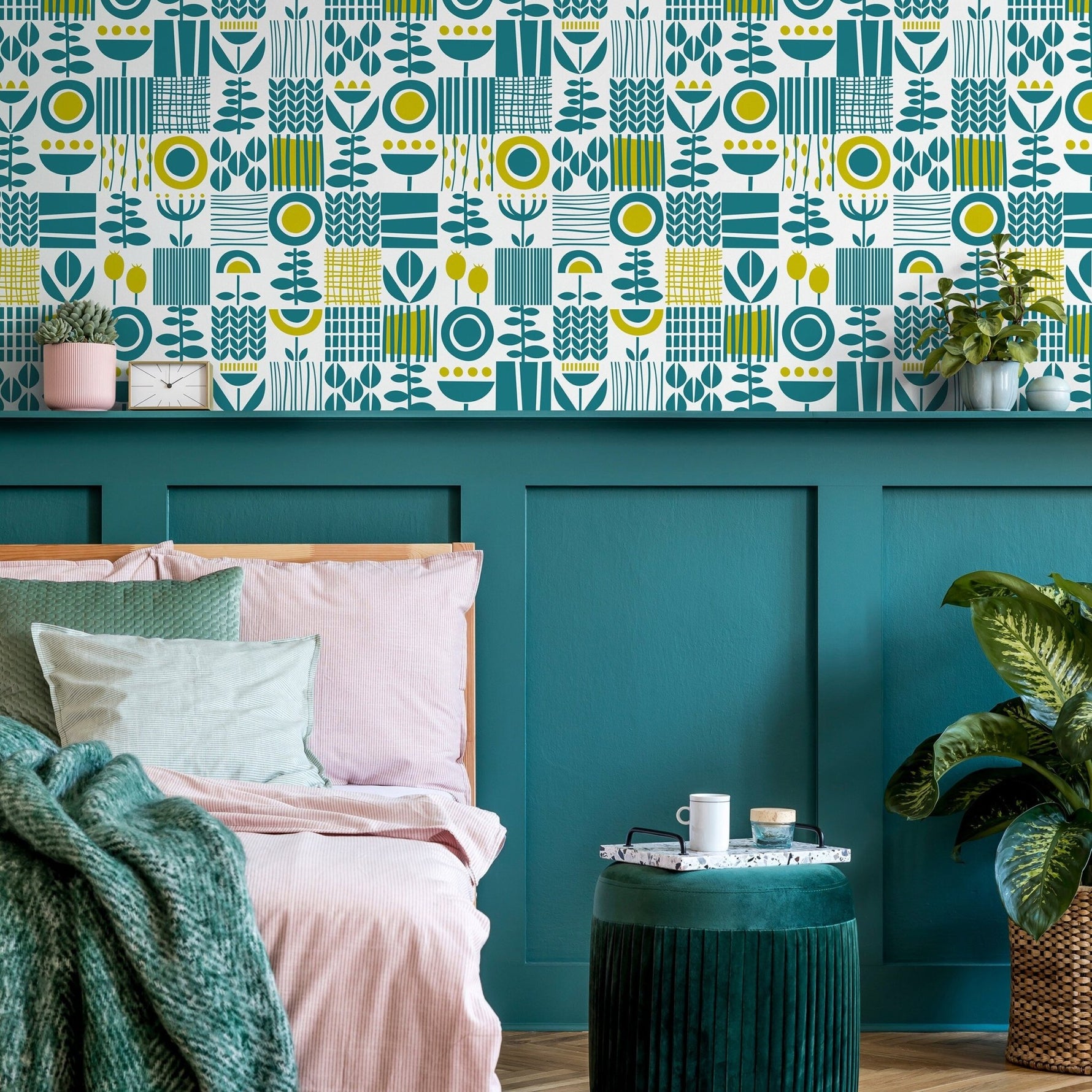 Wallpaper Peel and Stick Wallpaper Removable Wallpaper Home Decor Wall Decor Room Decor / Green and Yellow Scandinavian Wallpaper - A707 - WallTrend