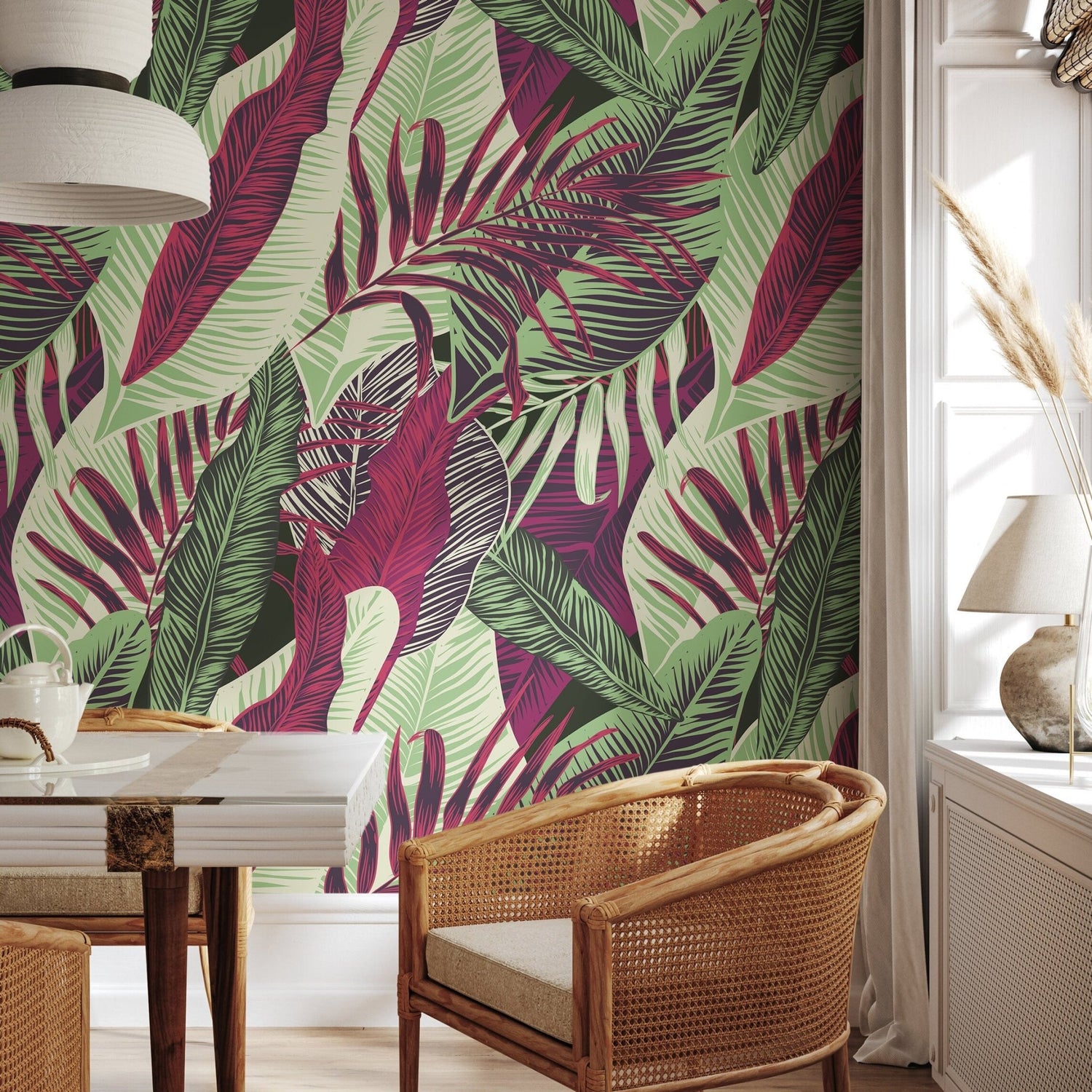 Wallpaper Peel and Stick Wallpaper Removable Wallpaper Home Decor Wall Decor Room Decor/ Red and Green Cool Tropical Leaves Wallpaper - B132 - WallTrend