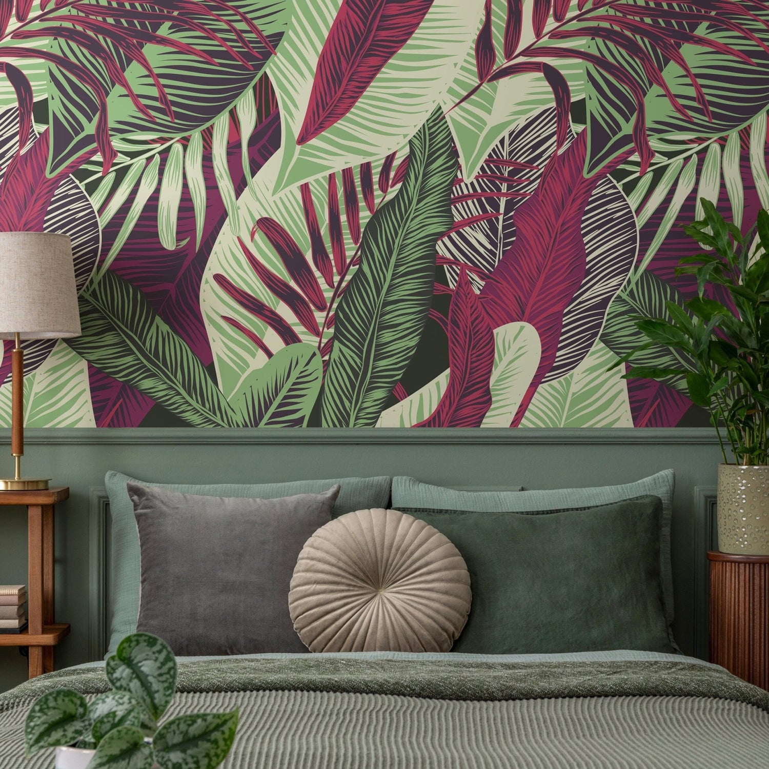 Wallpaper Peel and Stick Wallpaper Removable Wallpaper Home Decor Wall Decor Room Decor/ Red and Green Cool Tropical Leaves Wallpaper - B132 - WallTrend
