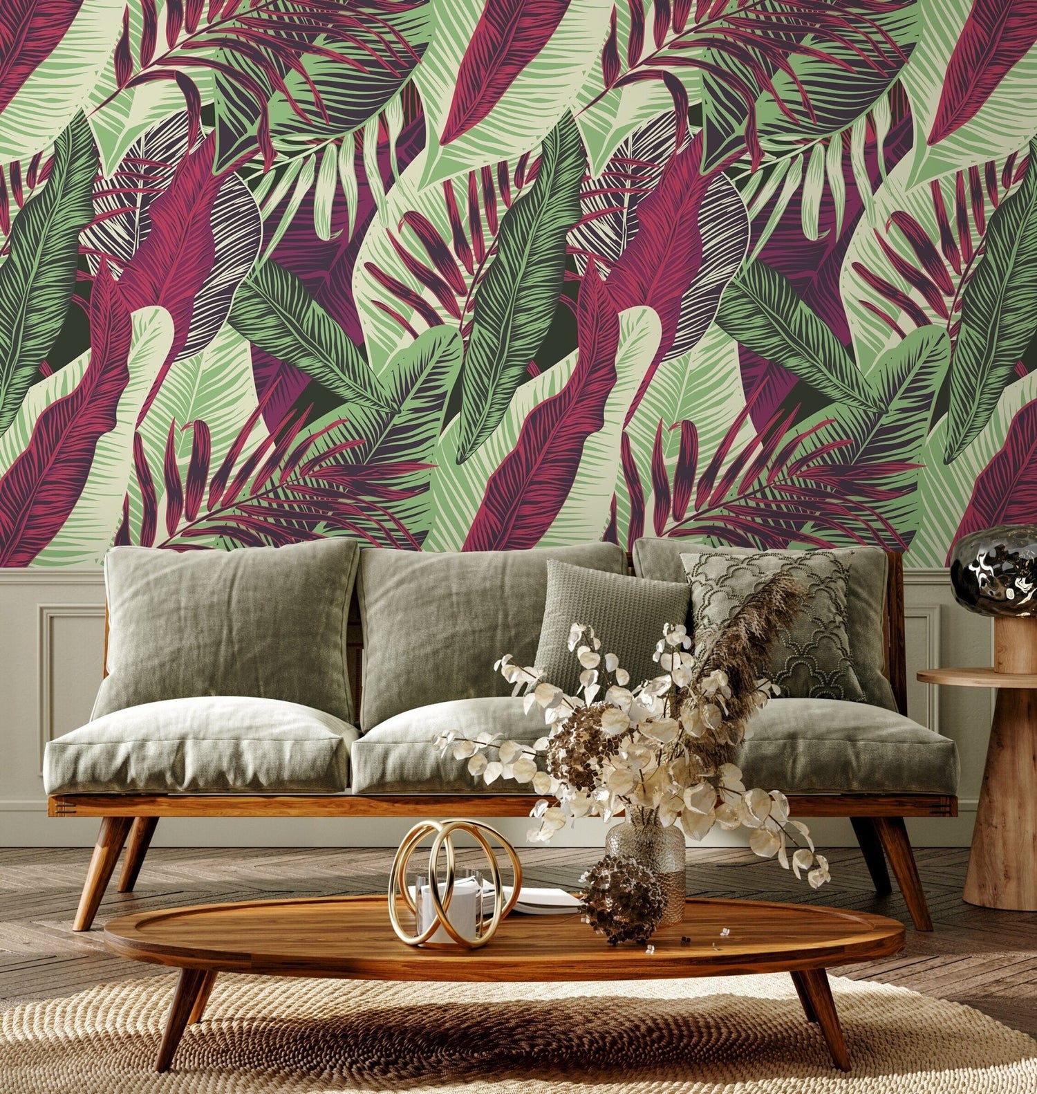 Wallpaper Peel and Stick Wallpaper Removable Wallpaper Home Decor Wall Decor Room Decor/ Red and Green Cool Tropical Leaves Wallpaper - B132 - WallTrend