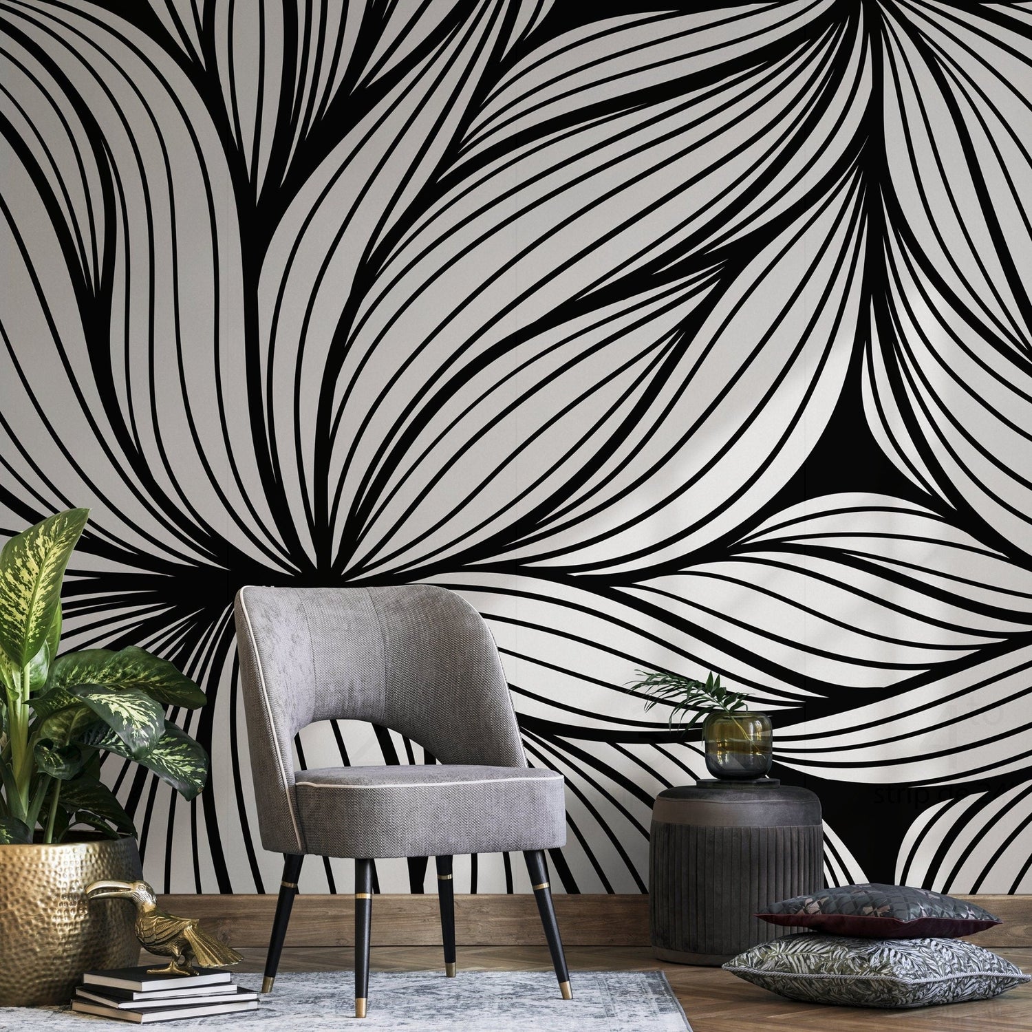 Wallpaper Removable Wallpaper Peel and Stick Wallpaper Wall Decor Home Decor Wall Art Room Decor / Black and White Abstract Wallpaper - B853 - WallTrend