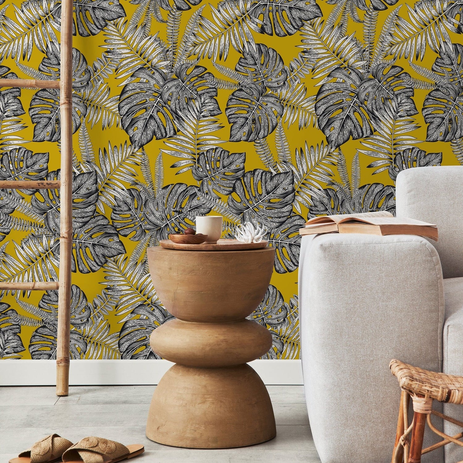Wallpaper Removable Wallpaper Peel and Stick Wallpaper Wall Decor Home Decor Wall Art Room Decor / Yellow Monstera Leaf Wallpaper - D981 - WallTrend