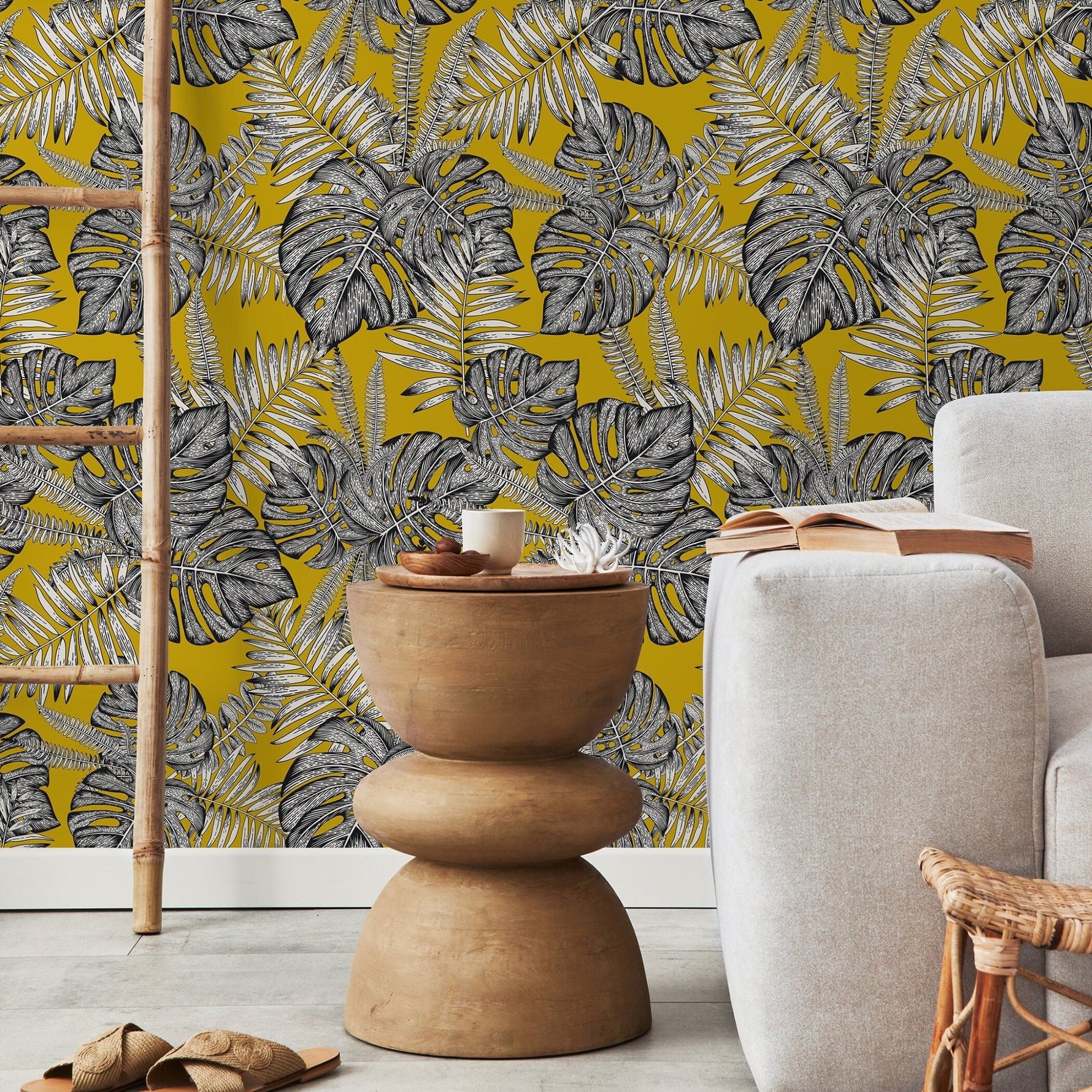 Wallpaper Removable Wallpaper Peel and Stick Wallpaper Wall Decor Home Decor Wall Art Room Decor / Yellow Monstera Leaf Wallpaper - D981 - WallTrend