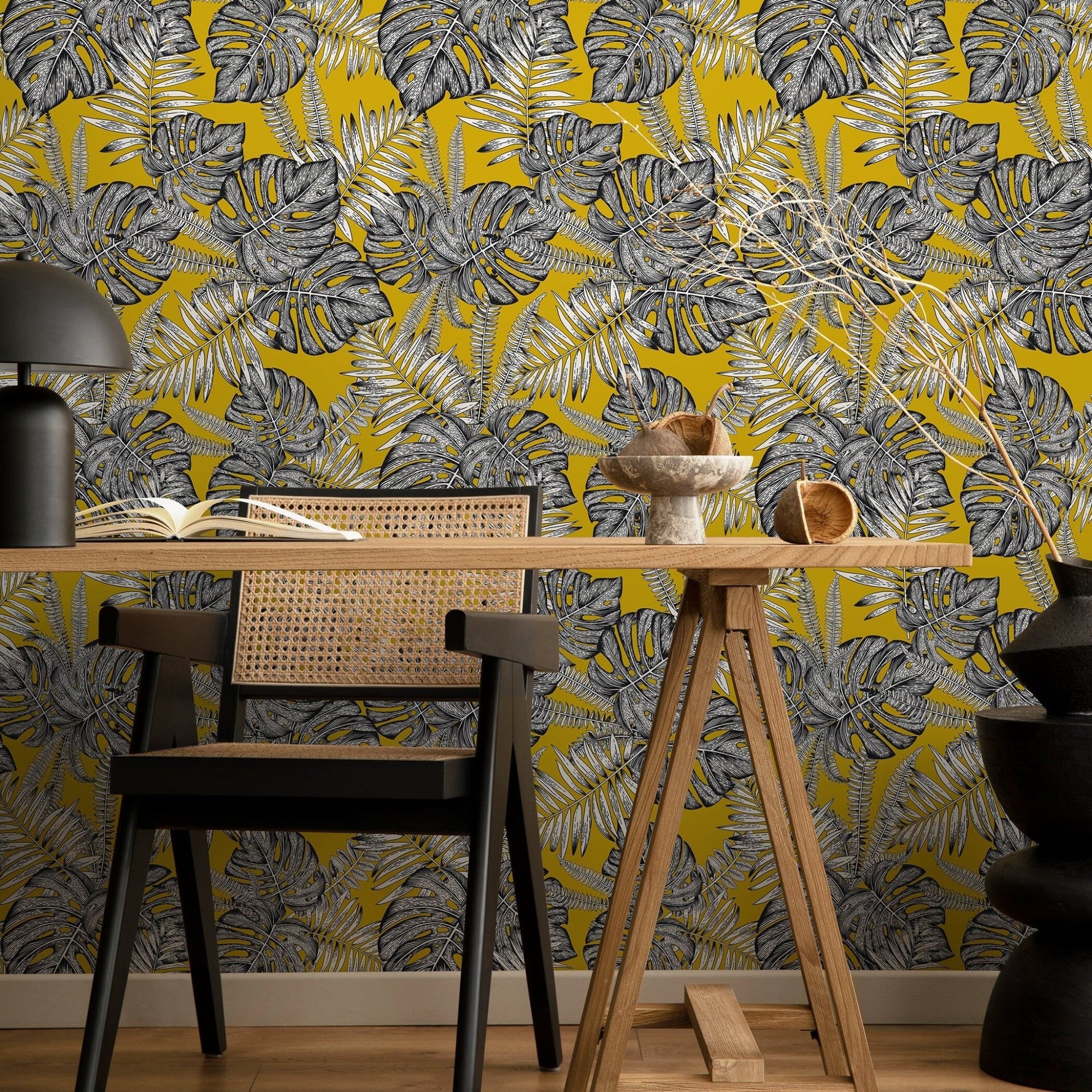 Wallpaper Removable Wallpaper Peel and Stick Wallpaper Wall Decor Home Decor Wall Art Room Decor / Yellow Monstera Leaf Wallpaper - D981 - WallTrend