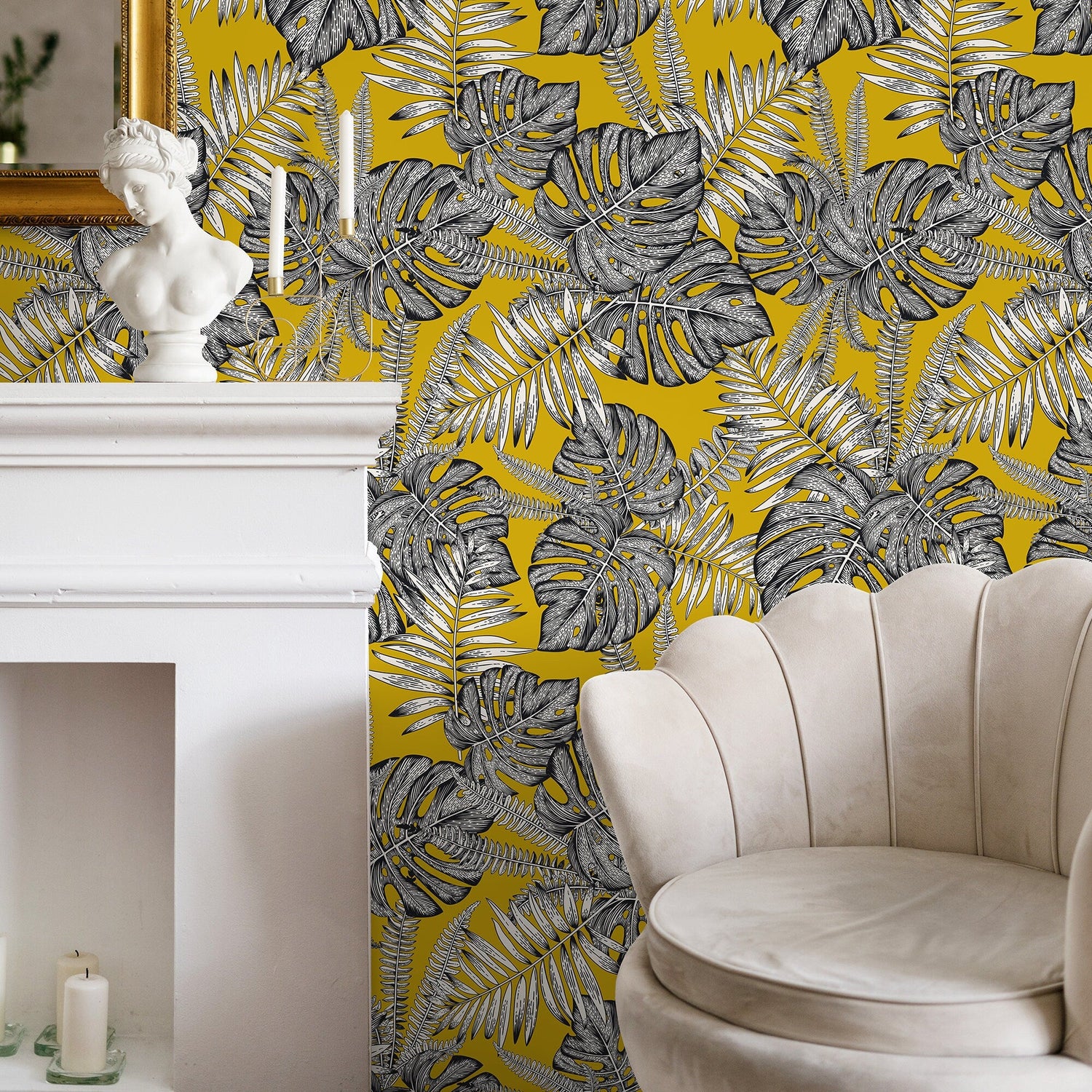 Wallpaper Removable Wallpaper Peel and Stick Wallpaper Wall Decor Home Decor Wall Art Room Decor / Yellow Monstera Leaf Wallpaper - D981 - WallTrend