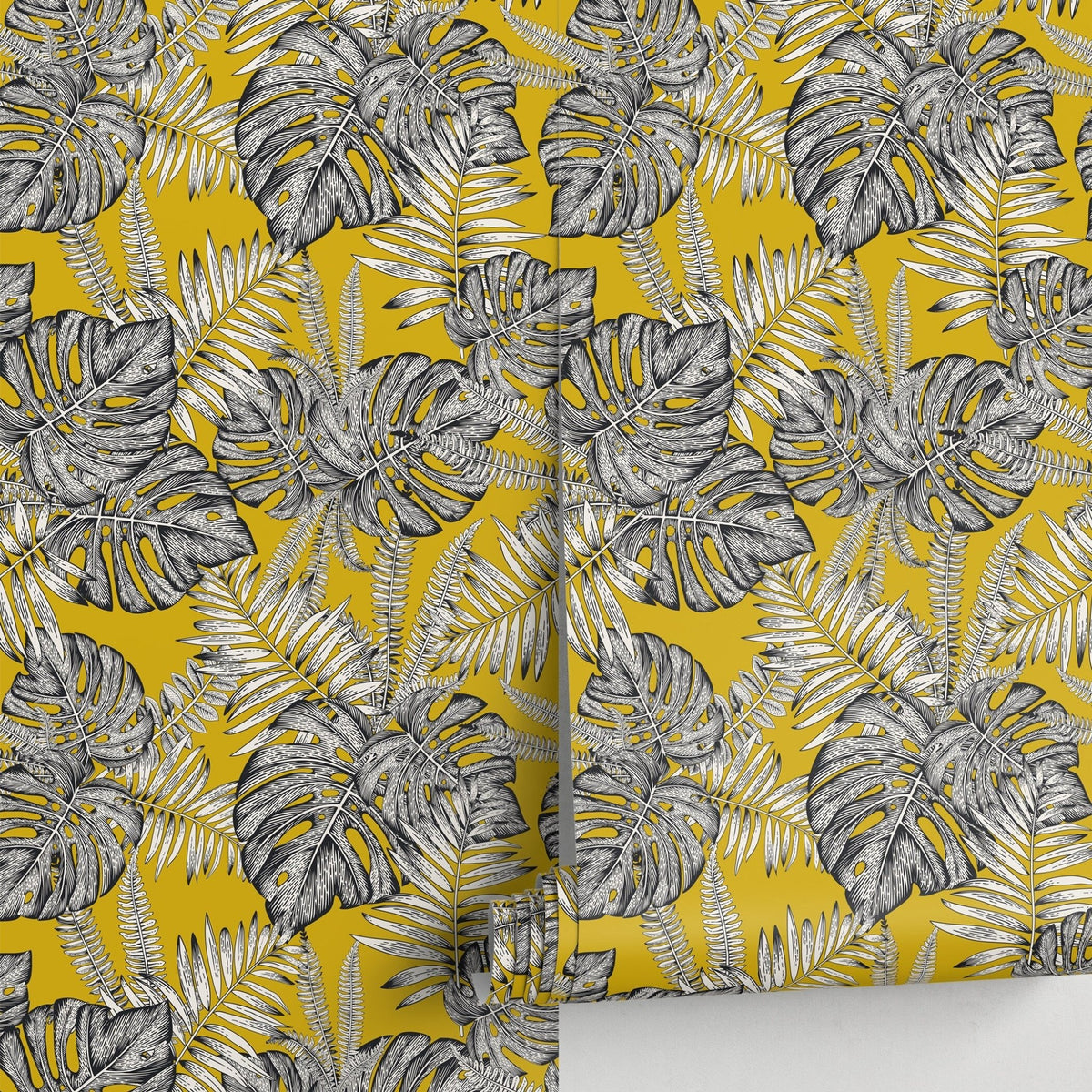 Wallpaper Removable Wallpaper Peel and Stick Wallpaper Wall Decor Home Decor Wall Art Room Decor / Yellow Monstera Leaf Wallpaper - D981 - WallTrend