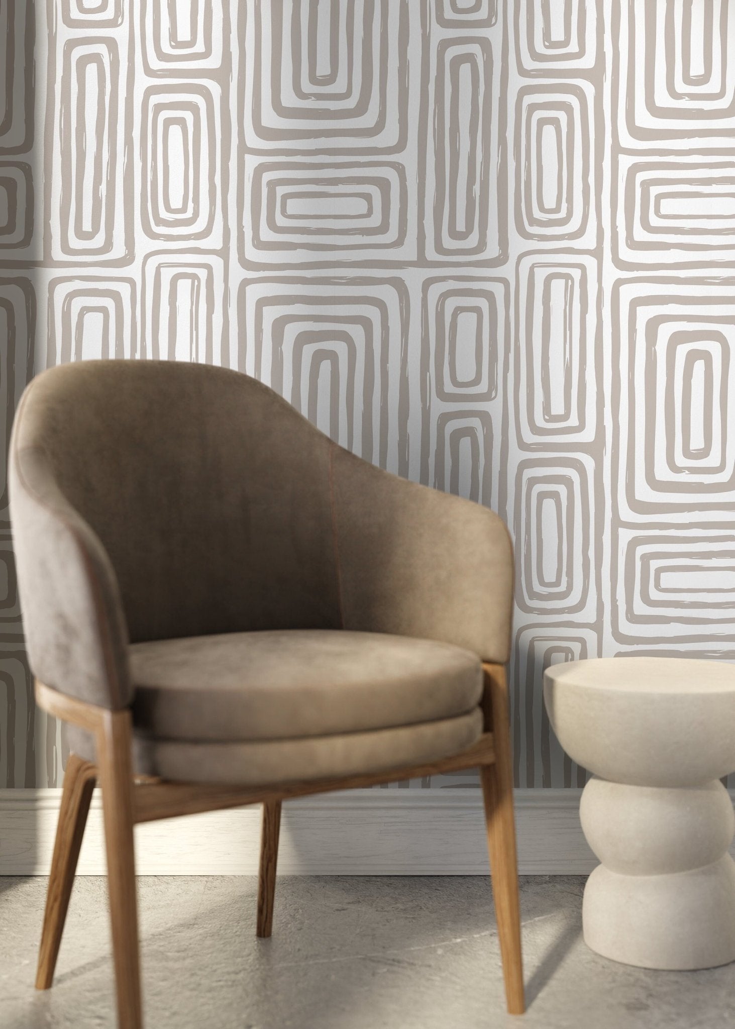 Warm Neutral Paint Brushed Labyrinth Wallpaper Peel and Stick Removable Repositionable Minimalistic Abstract Boho Beige & White - ZAAA - WallTrend