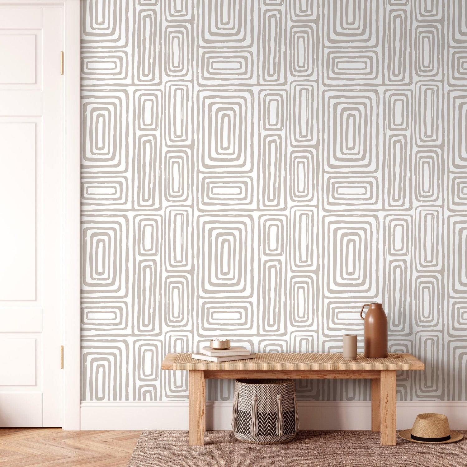Warm Neutral Paint Brushed Labyrinth Wallpaper Peel and Stick Removable Repositionable Minimalistic Abstract Boho Beige & White - ZAAA - WallTrend