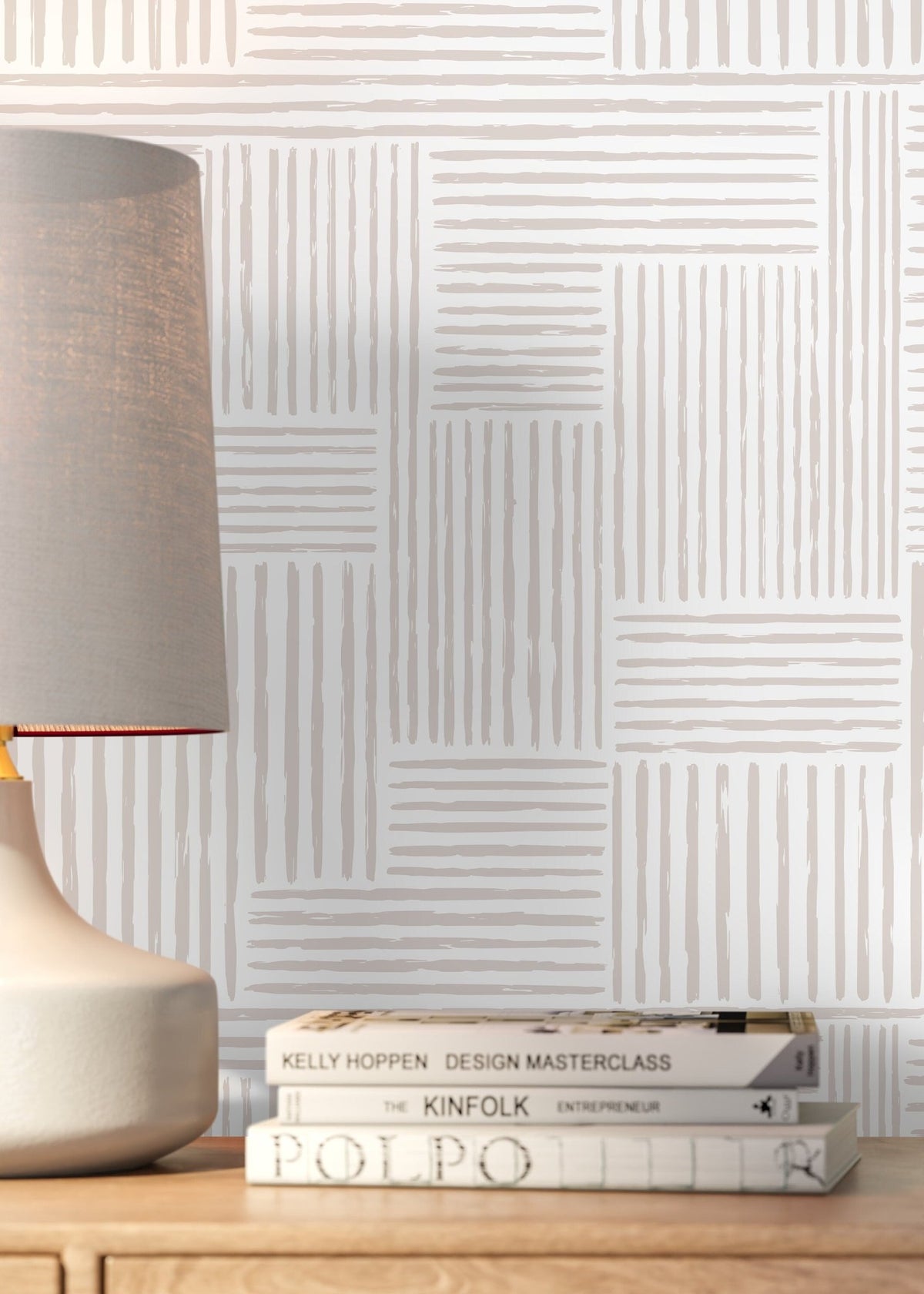 Warm Neutral Paint Brushed Labyrinth Wallpaper Peel and Stick Removable Repositionable Minimalistic Abstract Boho Beige & White - ZABJ - WallTrend