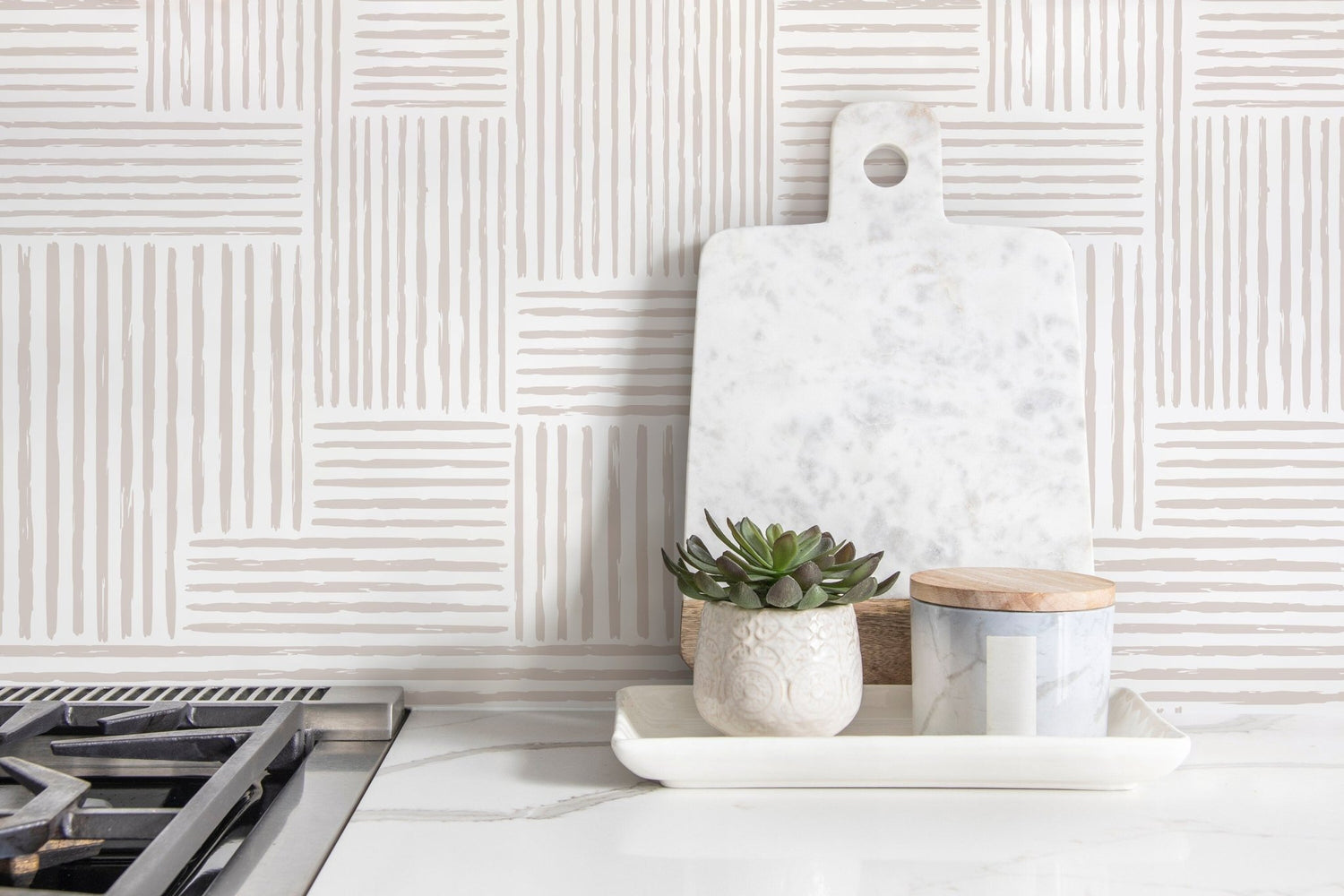 Warm Neutral Paint Brushed Labyrinth Wallpaper Peel and Stick Removable Repositionable Minimalistic Abstract Boho Beige & White - ZABJ - WallTrend