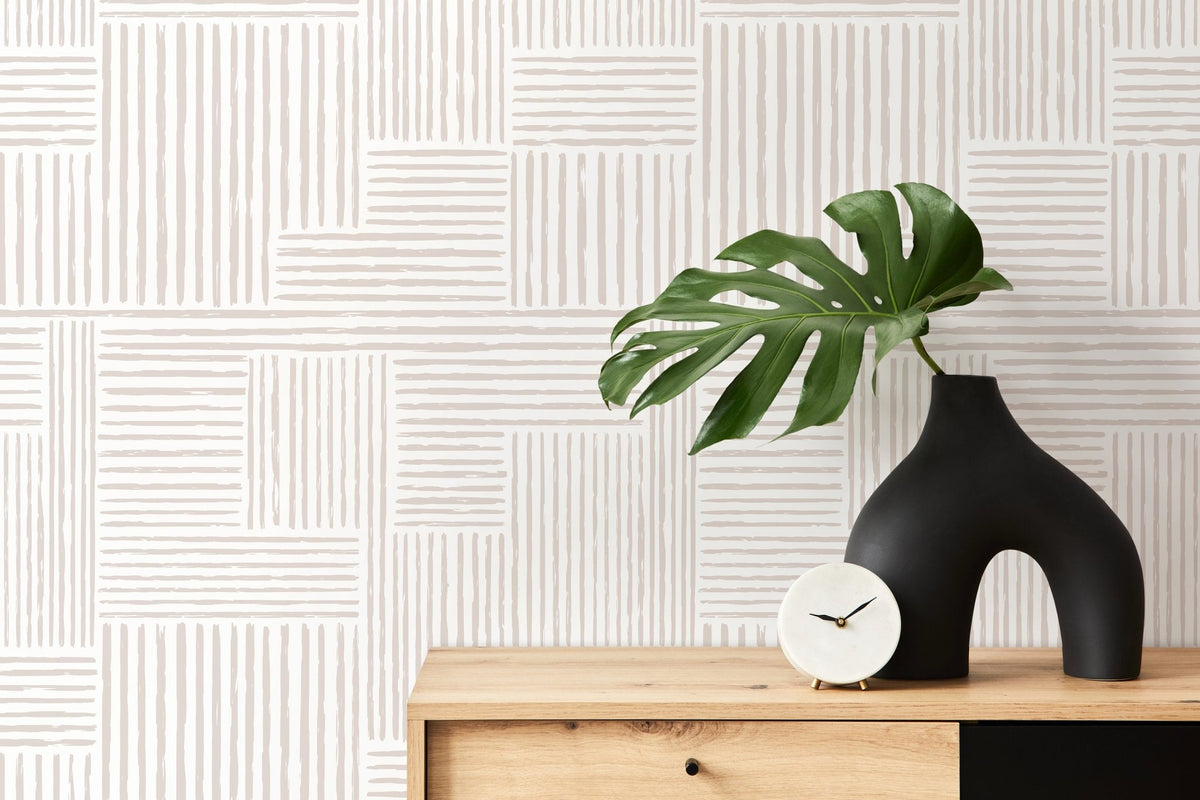 Warm Neutral Paint Brushed Labyrinth Wallpaper Peel and Stick Removable Repositionable Minimalistic Abstract Boho Beige & White - ZABJ - WallTrend