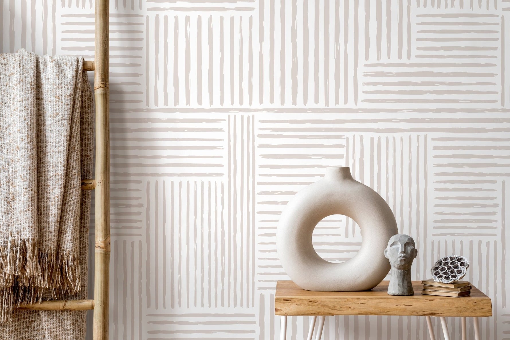 Warm Neutral Paint Brushed Labyrinth Wallpaper Peel and Stick Removable Repositionable Minimalistic Abstract Boho Beige & White - ZABJ - WallTrend