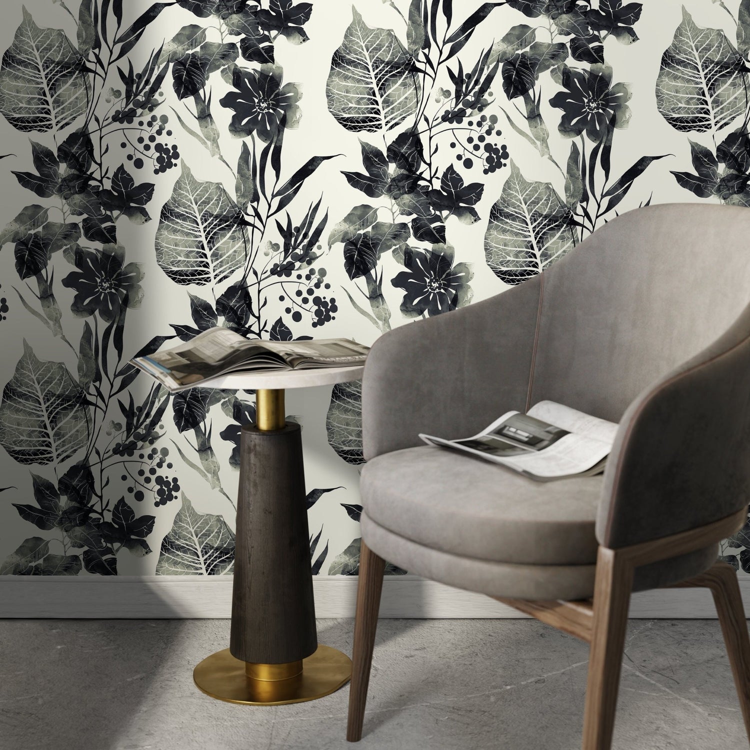 Watercolor Flowers Black and White Wallpaper, Self - adhesive Removable Wallpaper, Peel and Stick Fabric Wallpaper, Wallpaper - D956 - WallTrend