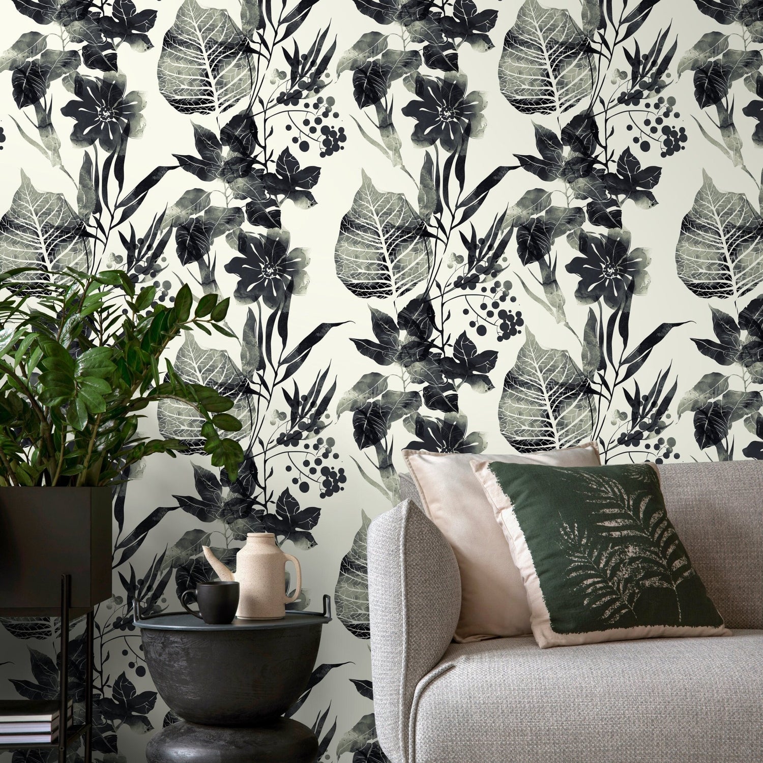 Watercolor Flowers Black and White Wallpaper, Self - adhesive Removable Wallpaper, Peel and Stick Fabric Wallpaper, Wallpaper - D956 - WallTrend