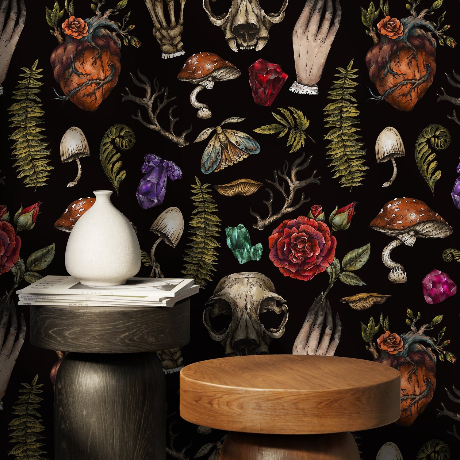 Whimsical Wallpaper Wallpaper Dark Botanical Wallpaper Peel and Stick and Traditional Wallpaper - D931 - WallTrend