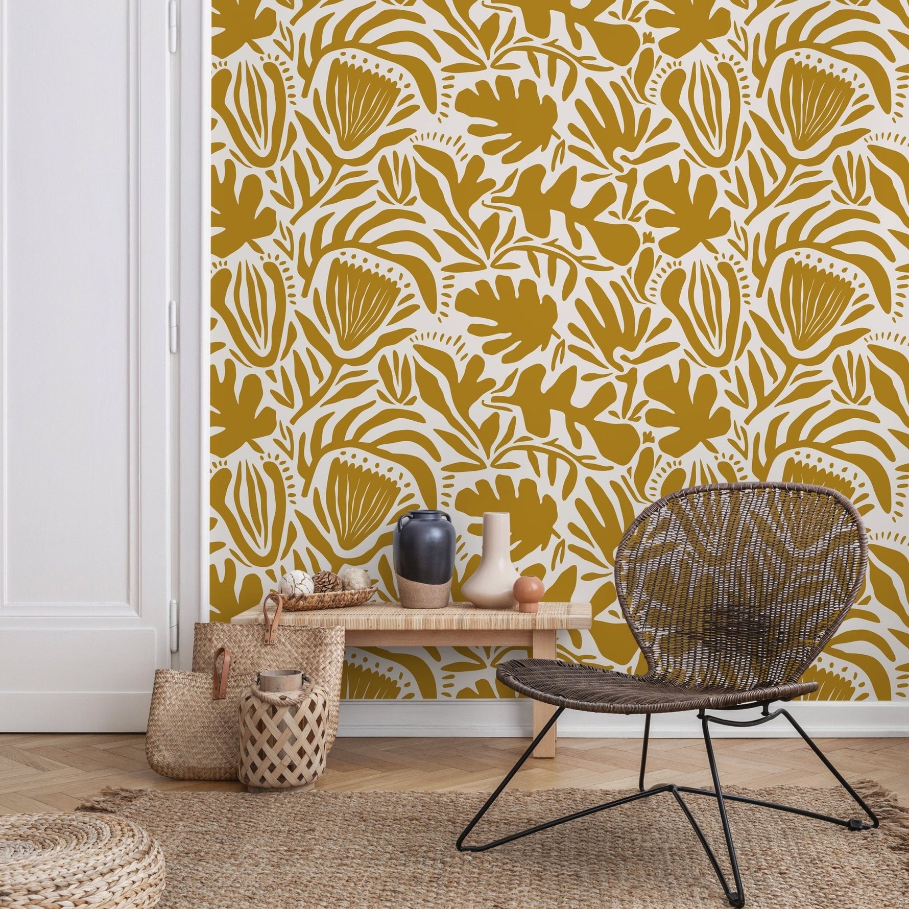 Yellow Abstract Floral Wallpaper Modern Wallpaper Peel and Stick and Traditional Wallpaper - D708 - WallTrend