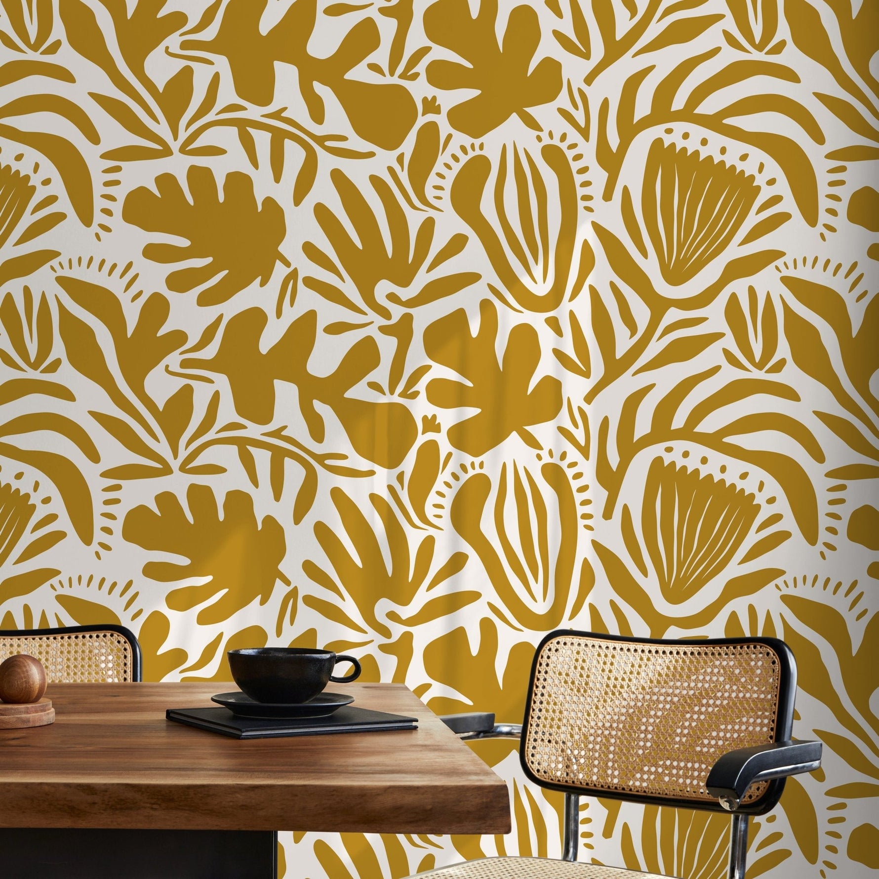 Yellow Abstract Floral Wallpaper Modern Wallpaper Peel and Stick and Traditional Wallpaper - D708 - WallTrend