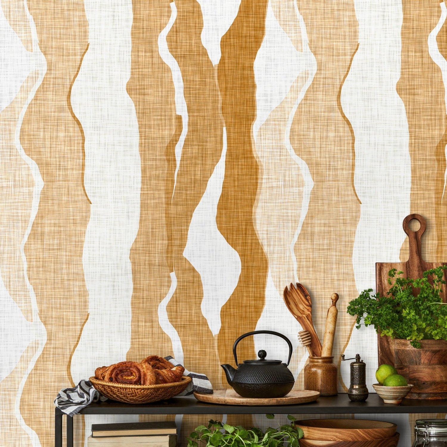 Yellow Abstract Waves Wallpaper Modern Wallpaper Peel and Stick and Traditional Wallpaper - D836 - WallTrend