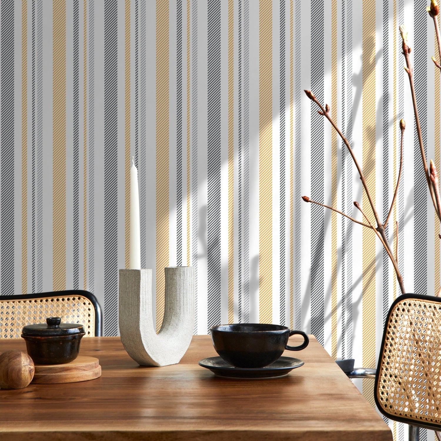 Yellow and Grey Wallpaper Striped Wallpaper Peel and Stick and Traditional Wallpaper - D843 - WallTrend