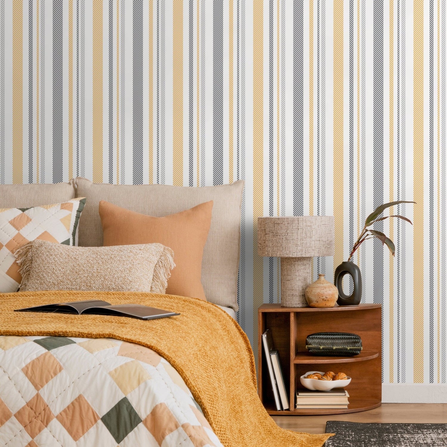 Yellow and Grey Wallpaper Striped Wallpaper Peel and Stick and Traditional Wallpaper - D843 - WallTrend