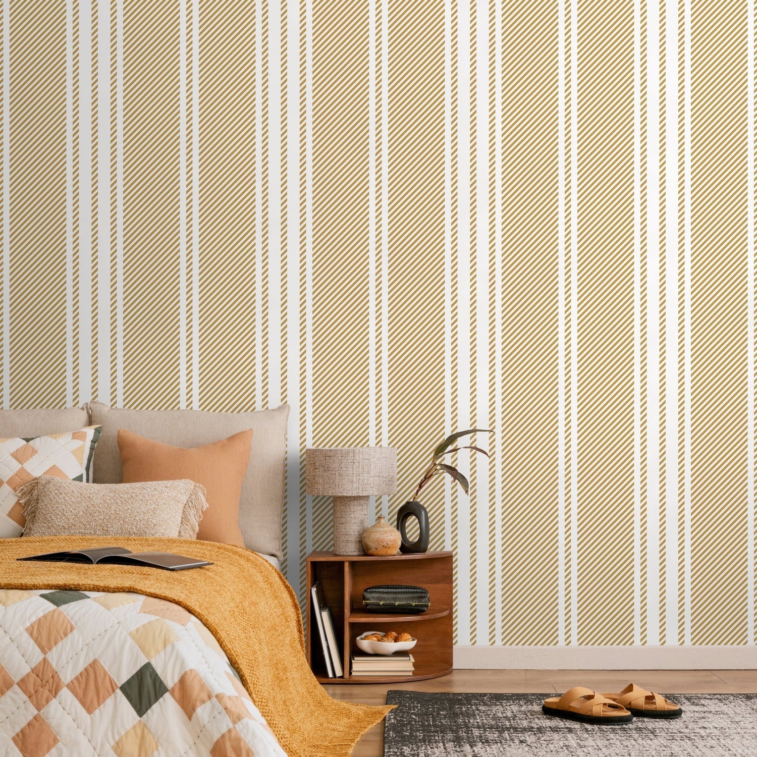 Yellow Striped Wallpaper Farmhouse Wallpaper Peel and Stick and Traditional Wallpaper - D784 - WallTrend